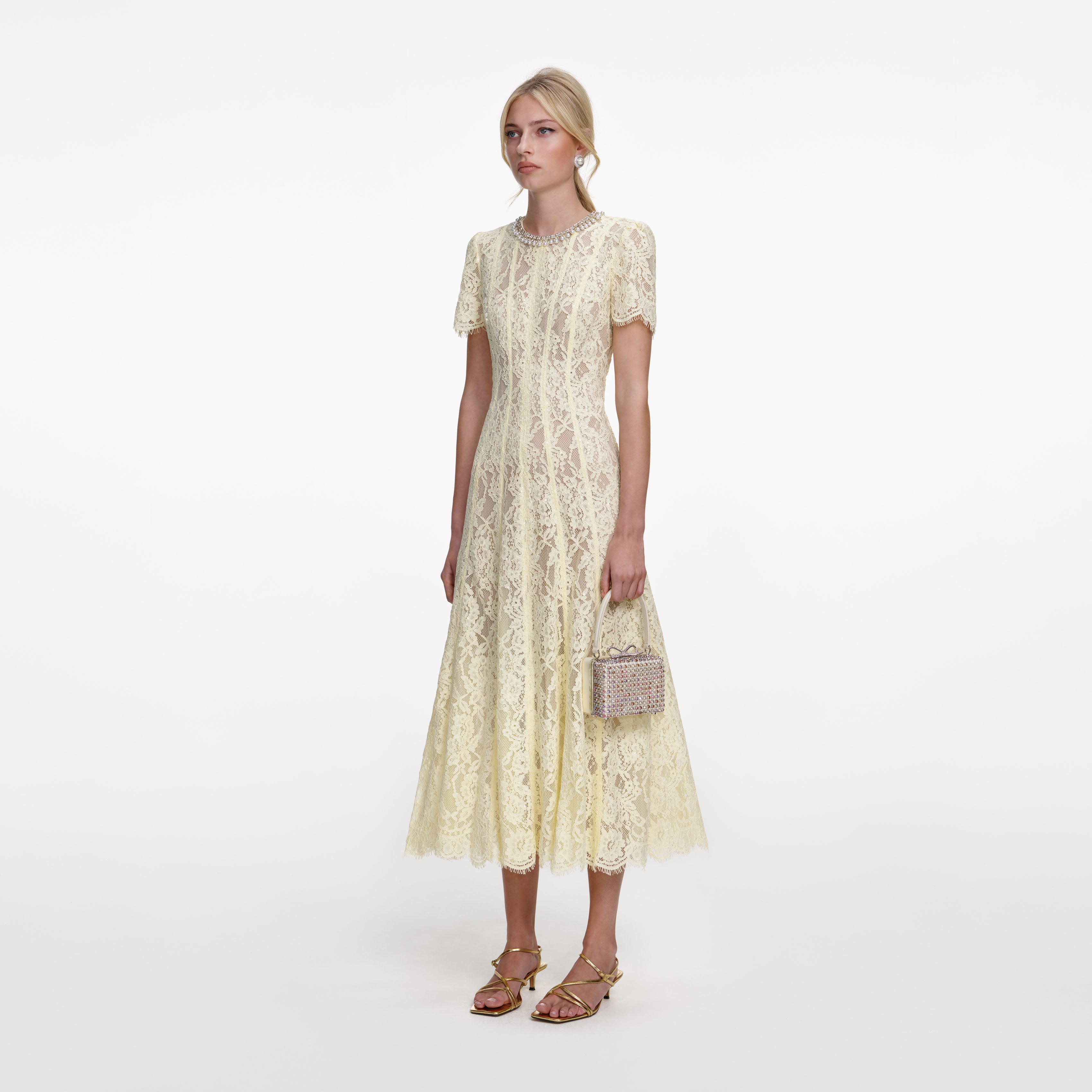 Yellow Lace Embellished Midi Dress