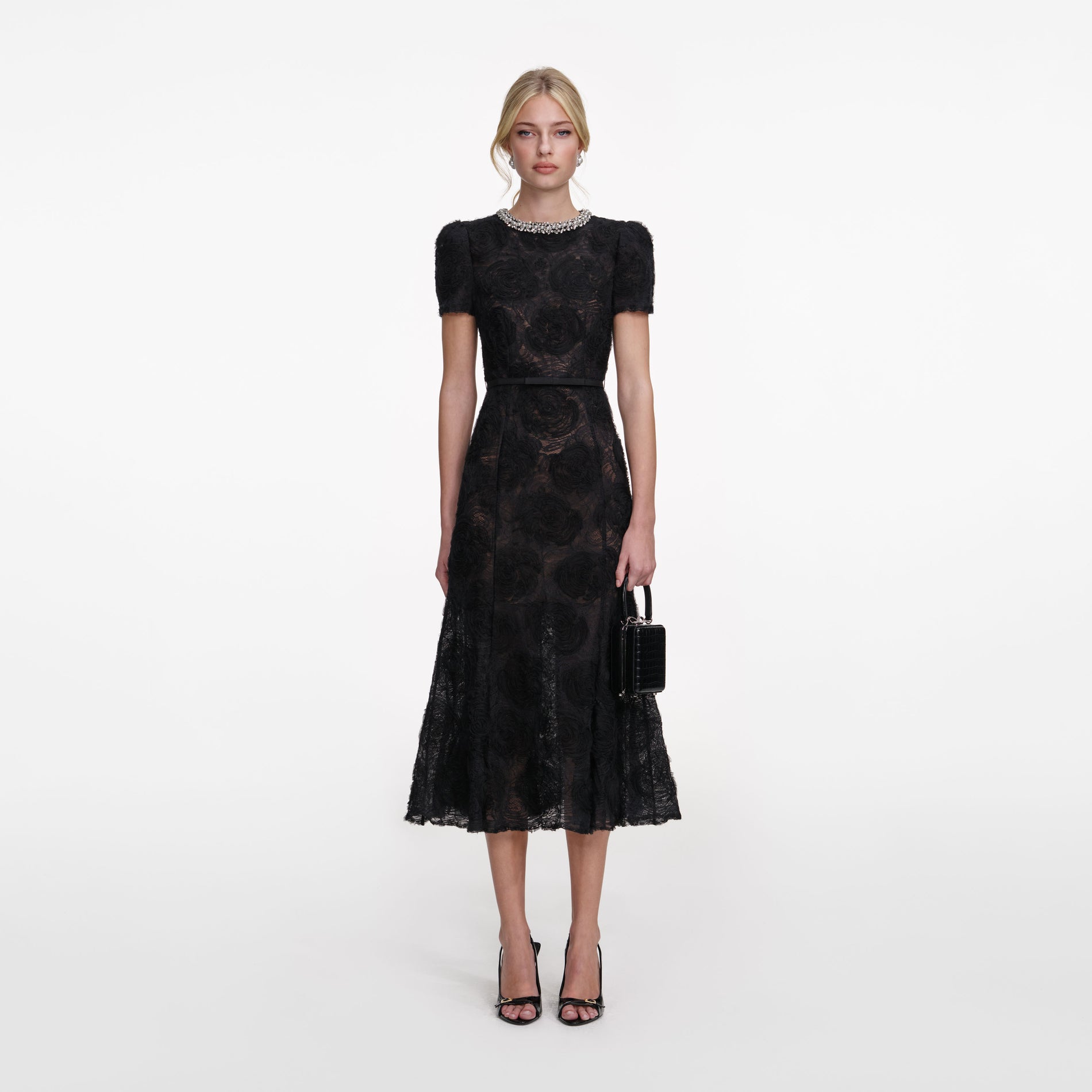 Front view of a woman wearing the Black Tulle Lace Midi Dress