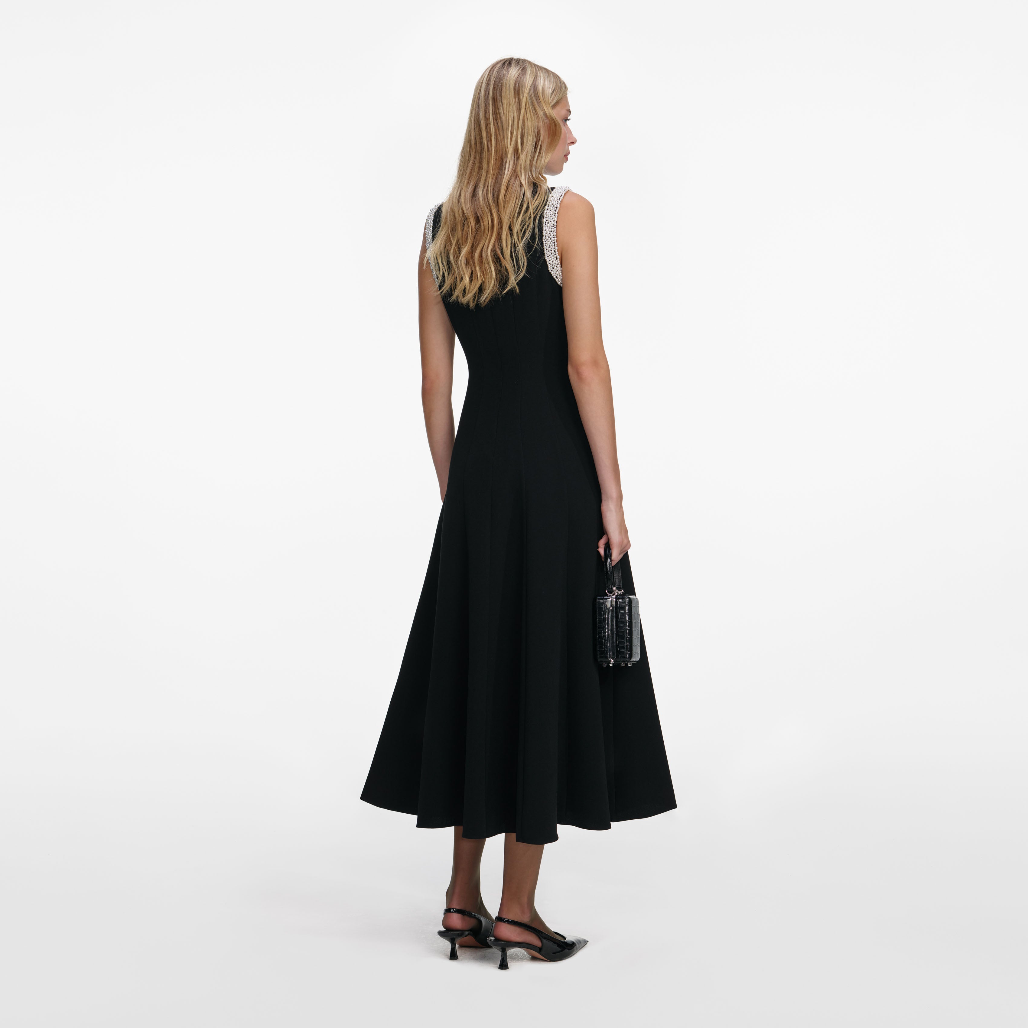 Black Crepe Pearl Trim Midi Dress