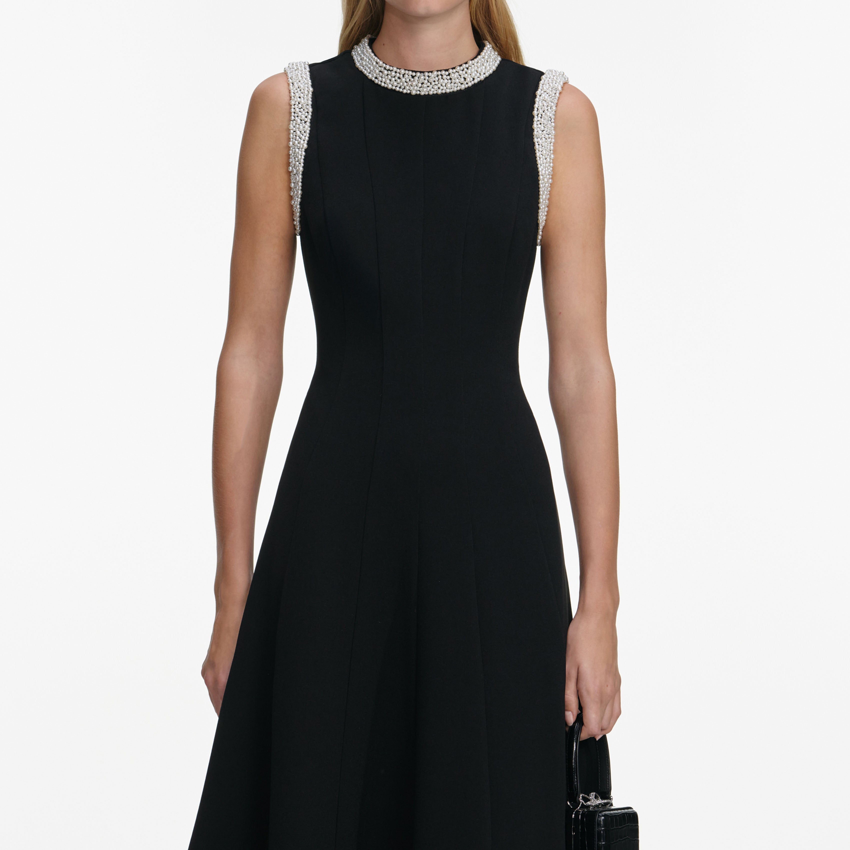 Black Crepe Pearl Trim Midi Dress