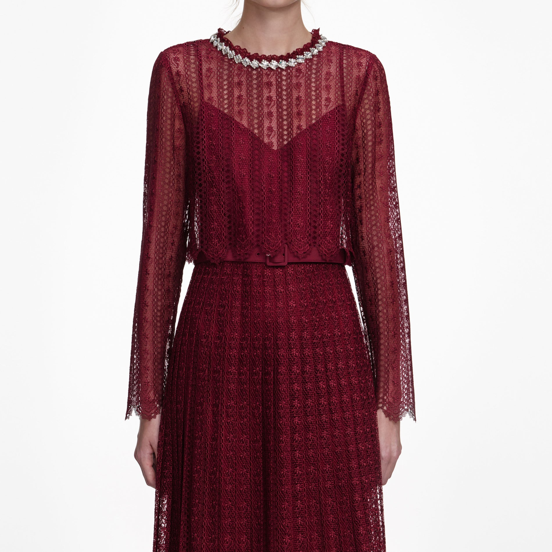 A close up of a woman wearing the Burgundy Organza Lace Maxi Dress