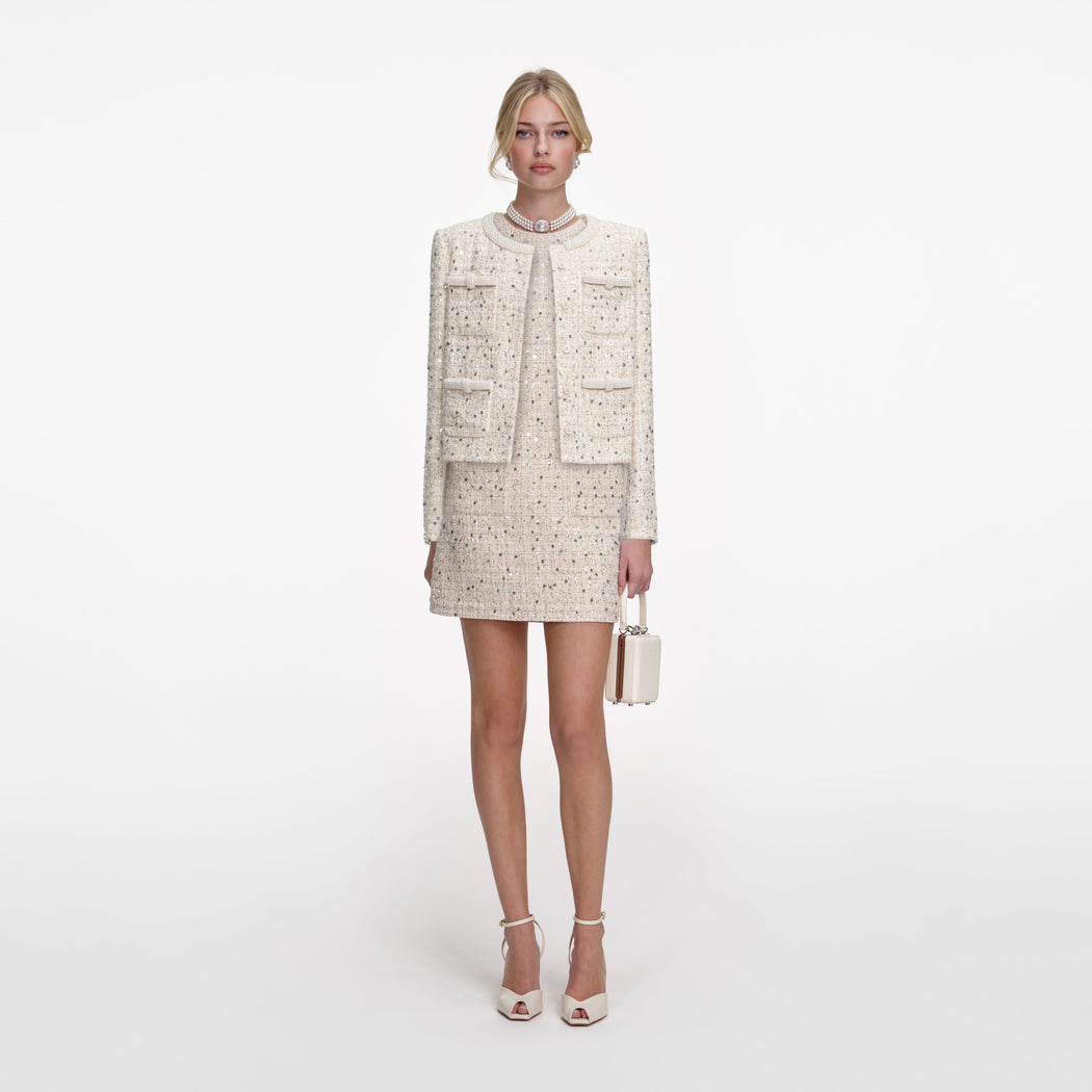 Cream Embellished Boucle Mini Dress