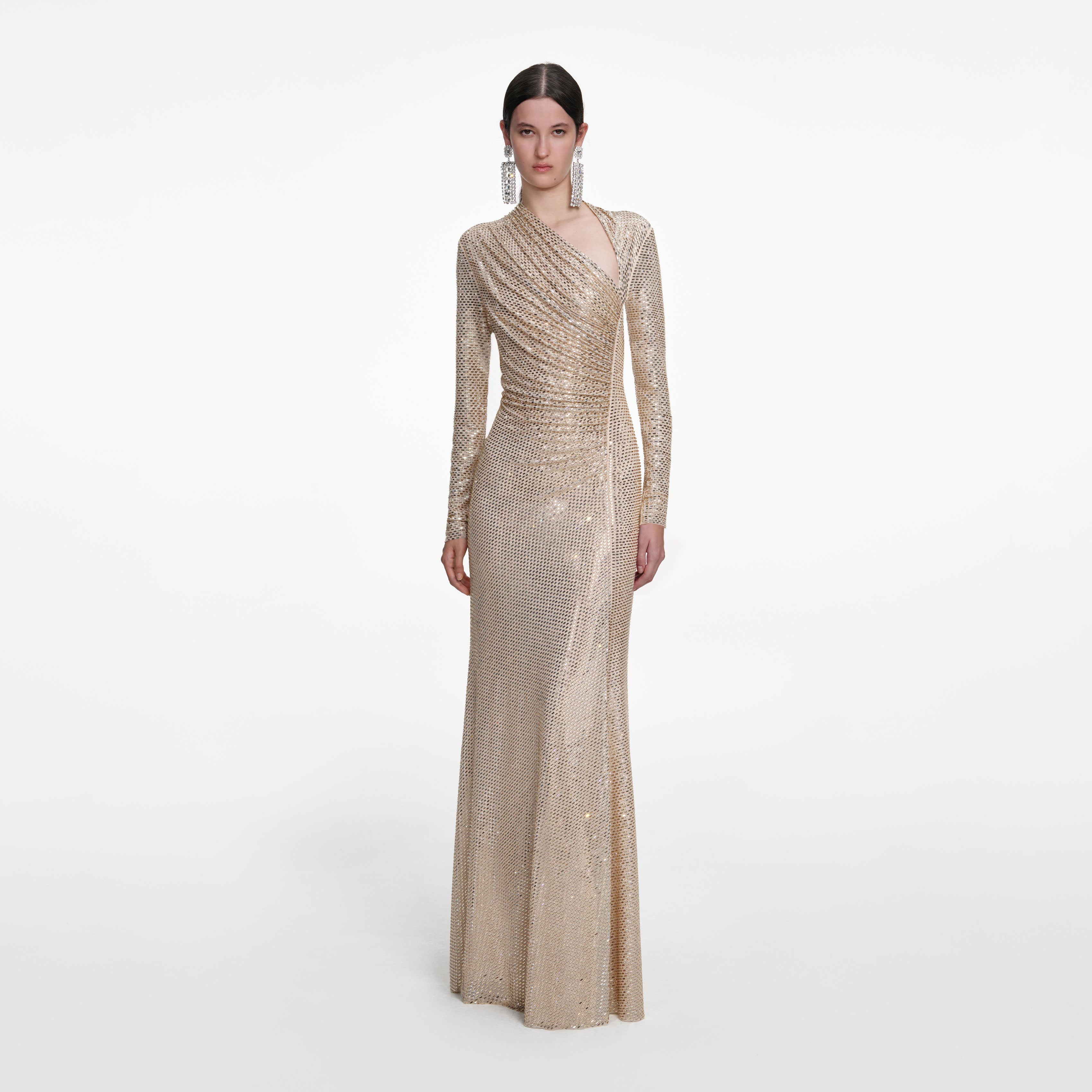 Champagne Rhinestone Drape Maxi Dress