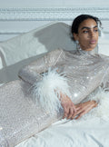 Champagne Rhinestone Feather Midi Dress