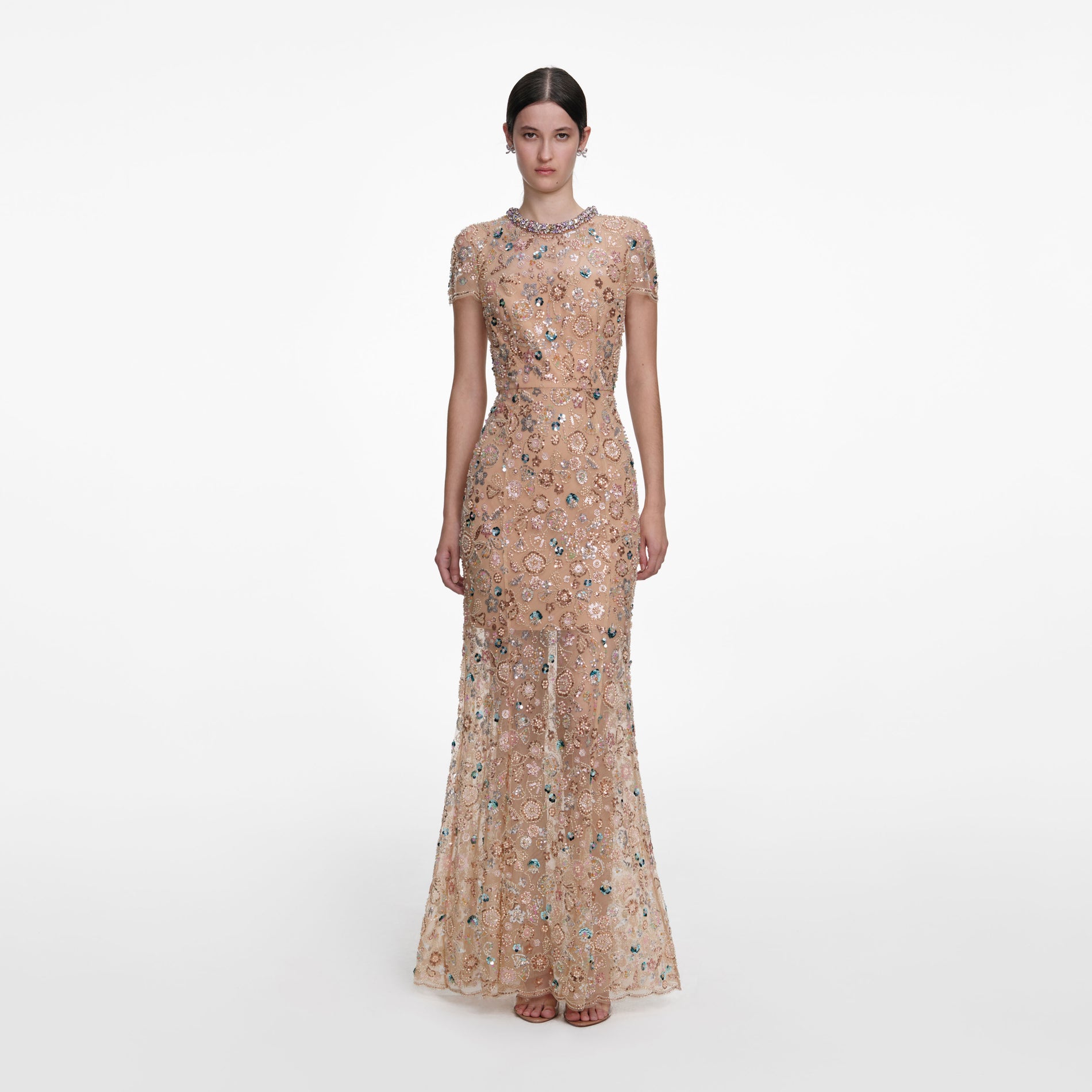 Front view of a woman wearing the Champagne Sequin Embroidered Maxi Dress
