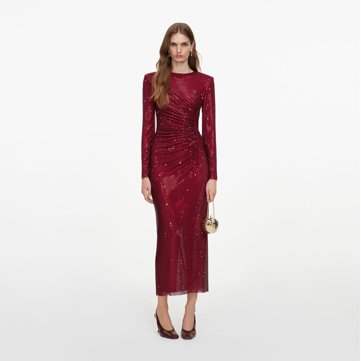 Front view of a woman wearing the Burgundy Rhinestone Gathered Midi Dress