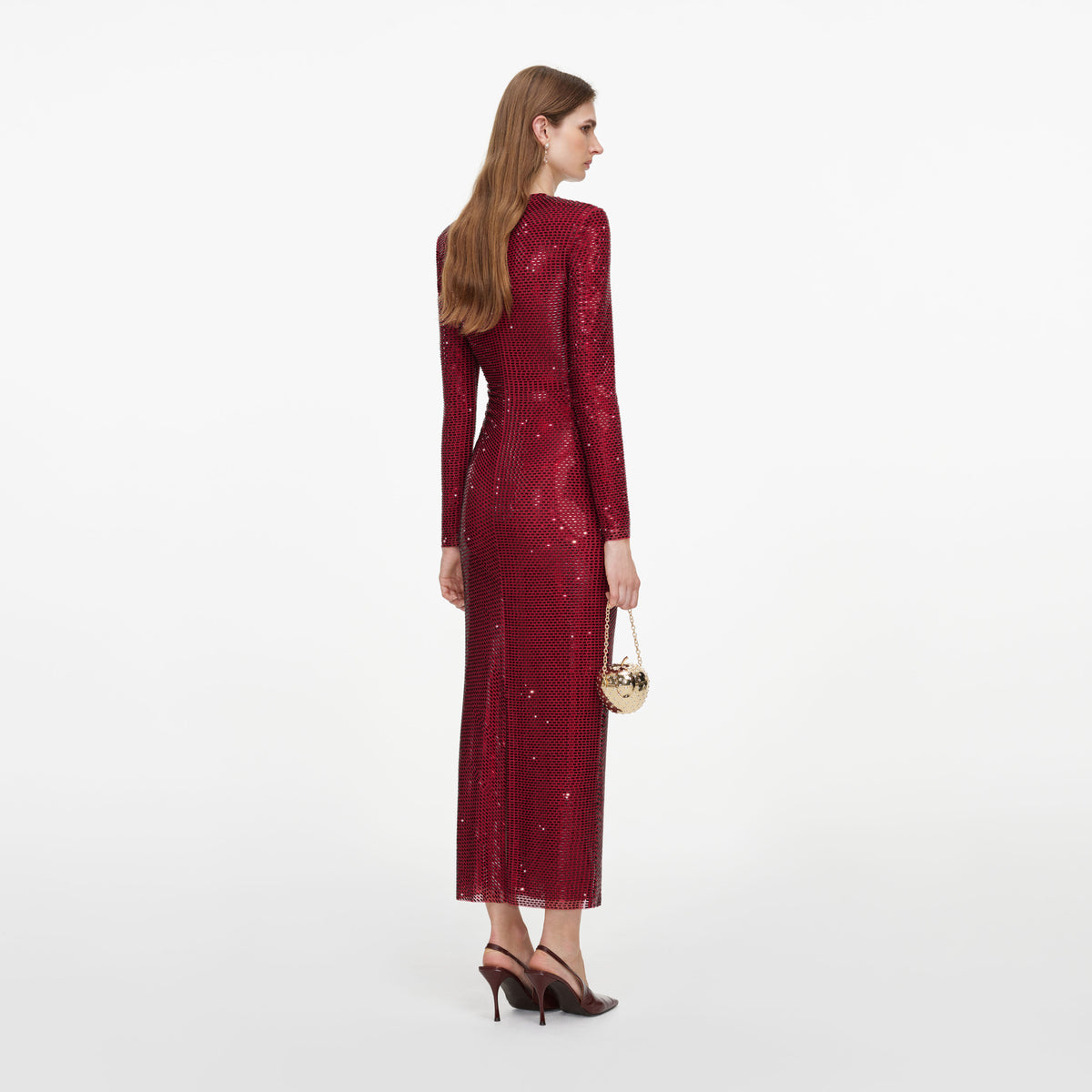 Back view of a woman wearing the Burgundy Rhinestone Gathered Midi Dress
