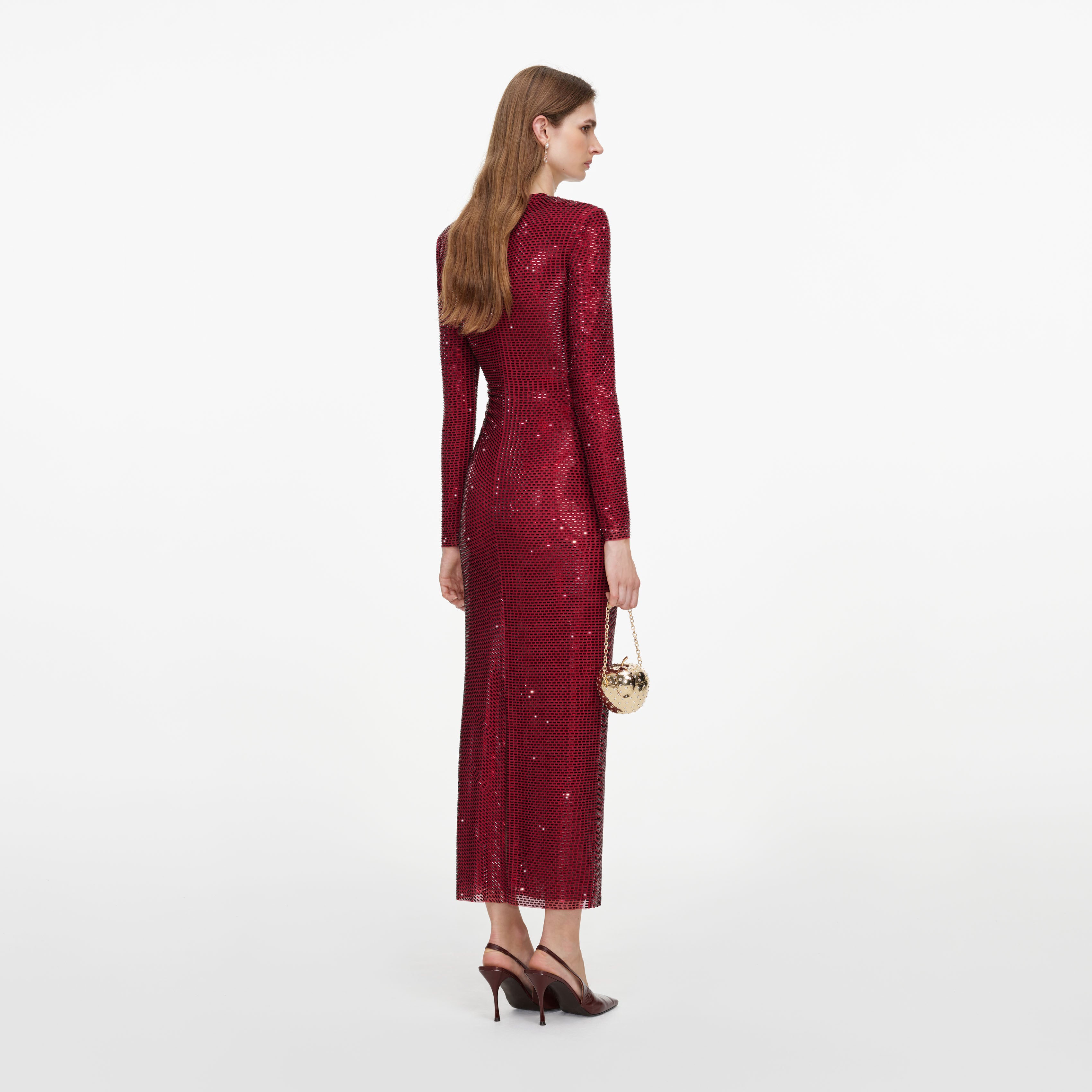 Burgundy Rhinestone Gathered Midi Dress