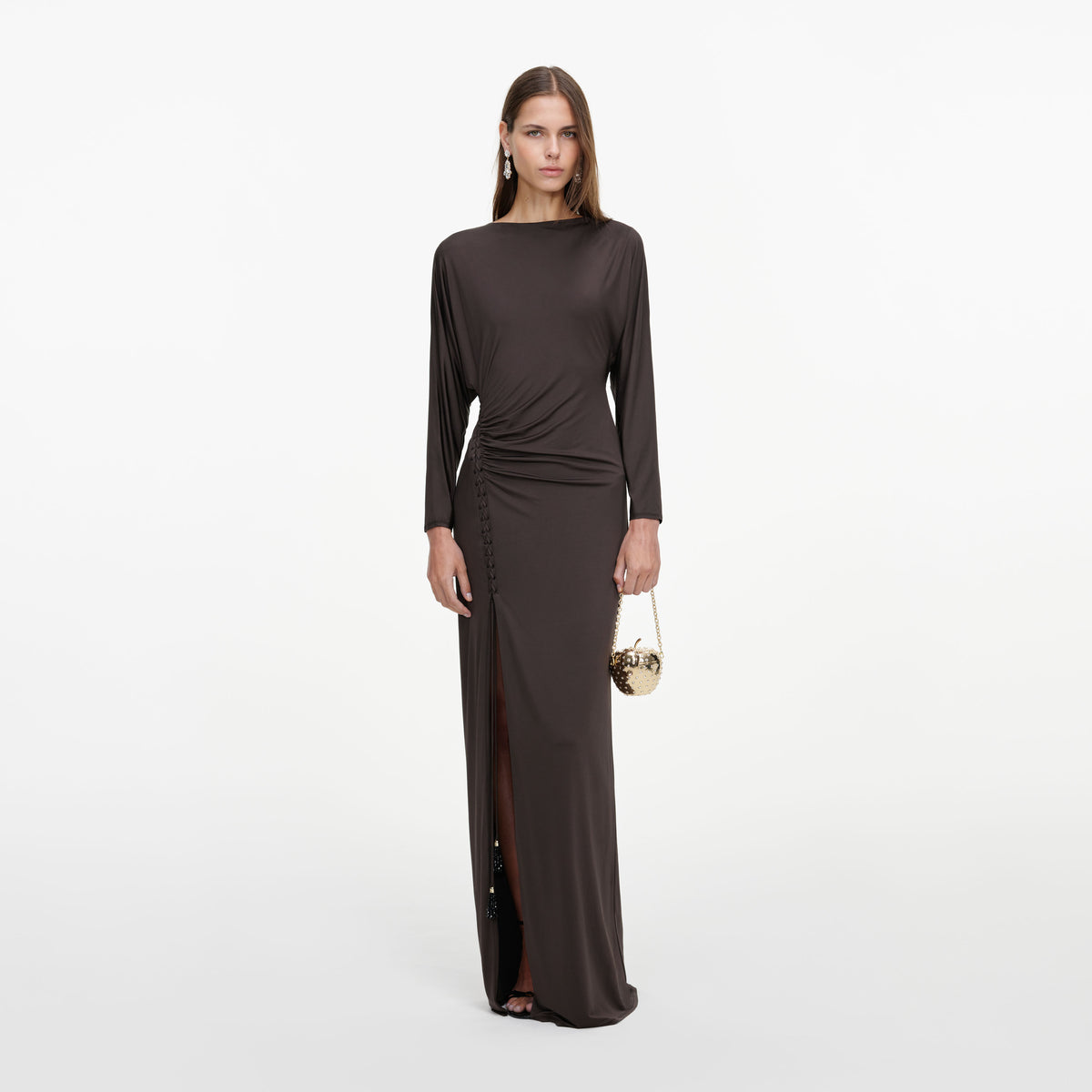 Front view of a woman wearing the Brown Jersey Open Back Maxi Dress