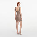 Tan Rhinestone Beaded Trim Mini Dress