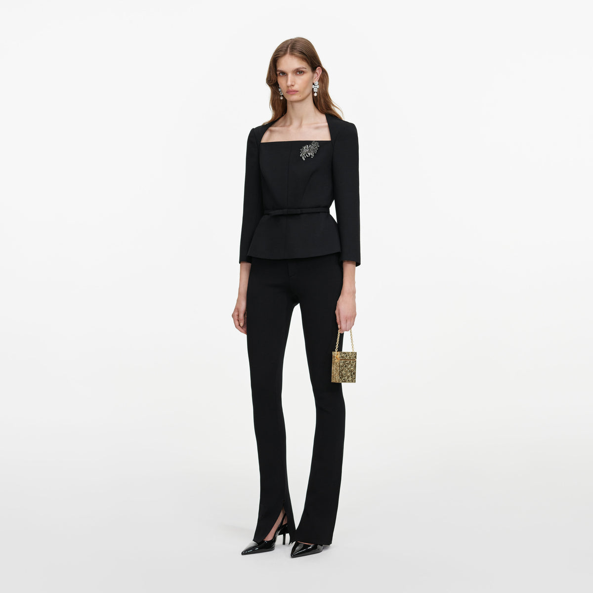 Black Tailored Brooch Top
