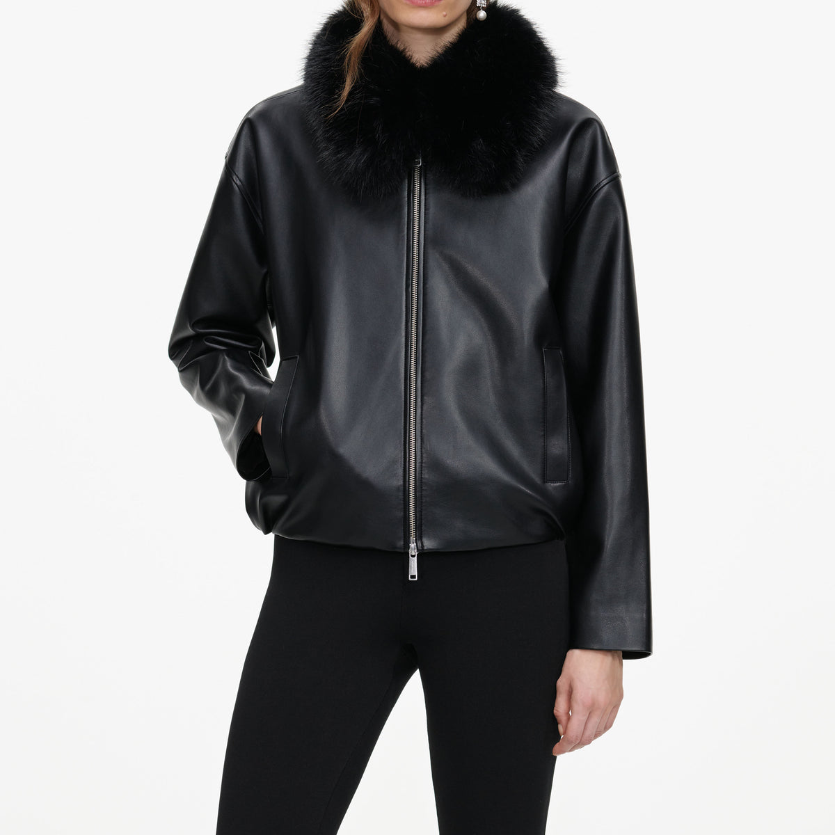 Black Faux Leather Bomber Jacket