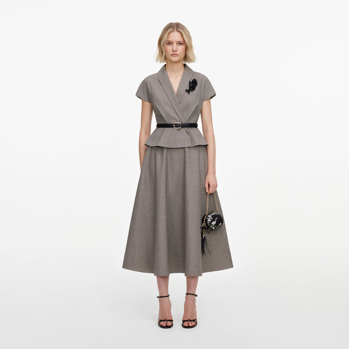 Brown Twill Brooch Midi Dress