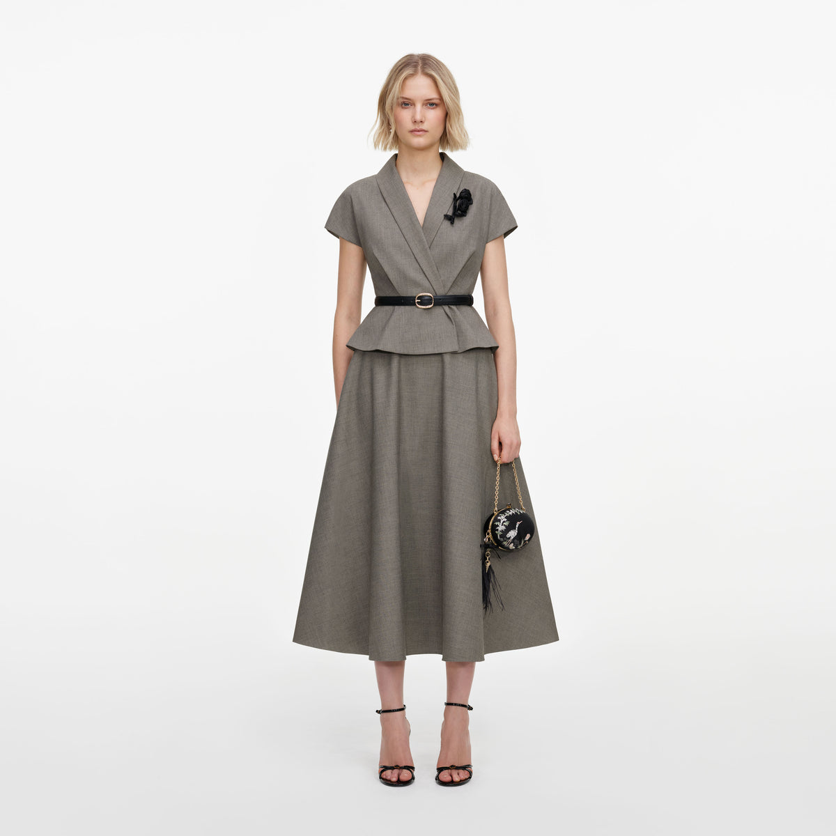 Brown Twill Brooch Midi Dress