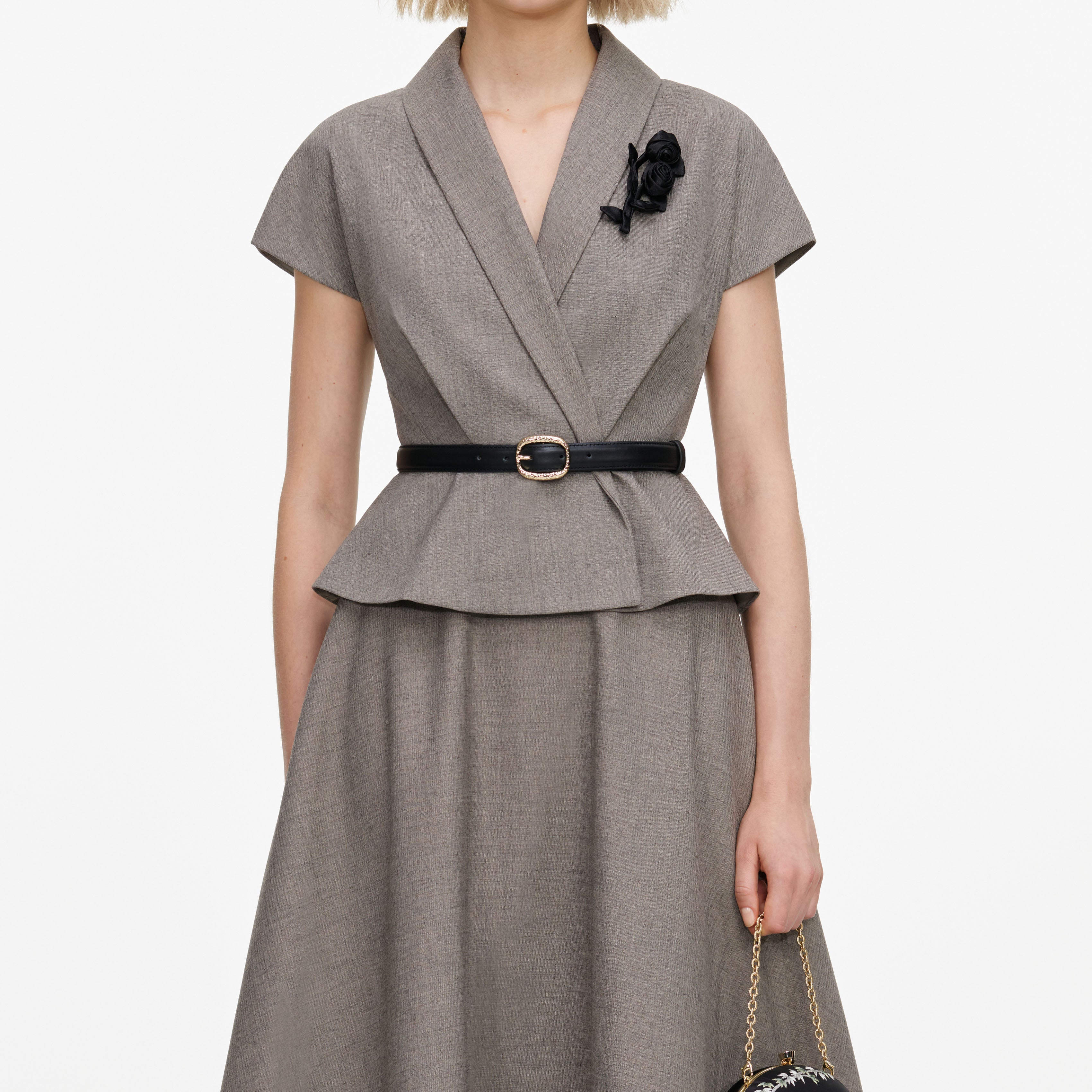 Brown Twill Brooch Midi Dress