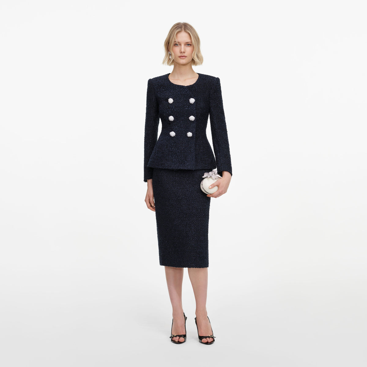 Navy Boucle Midi Dress