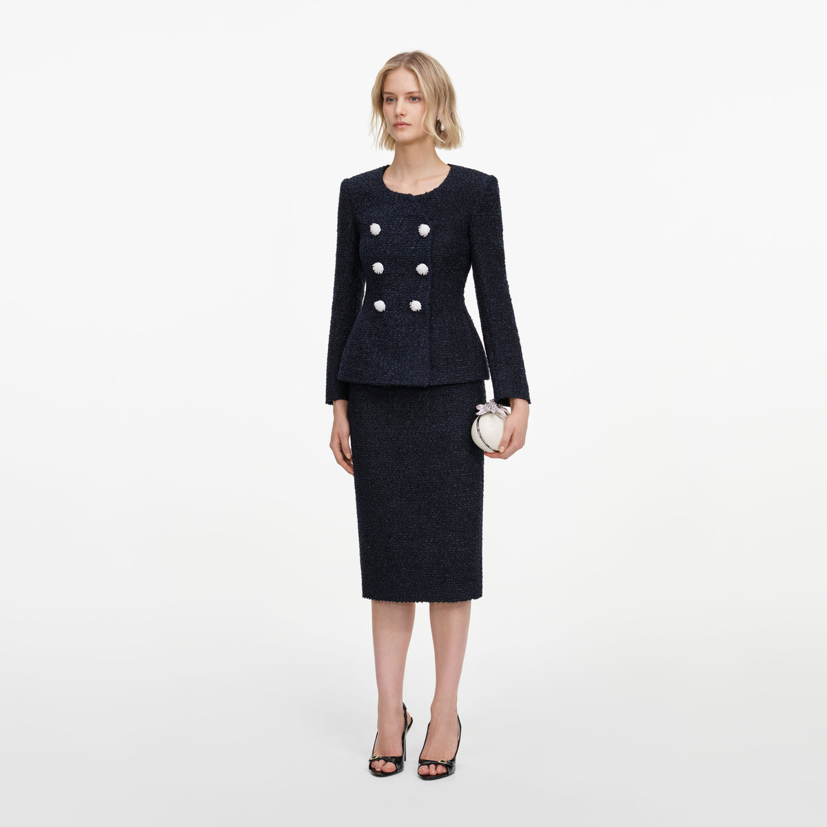 Navy Boucle Midi Dress