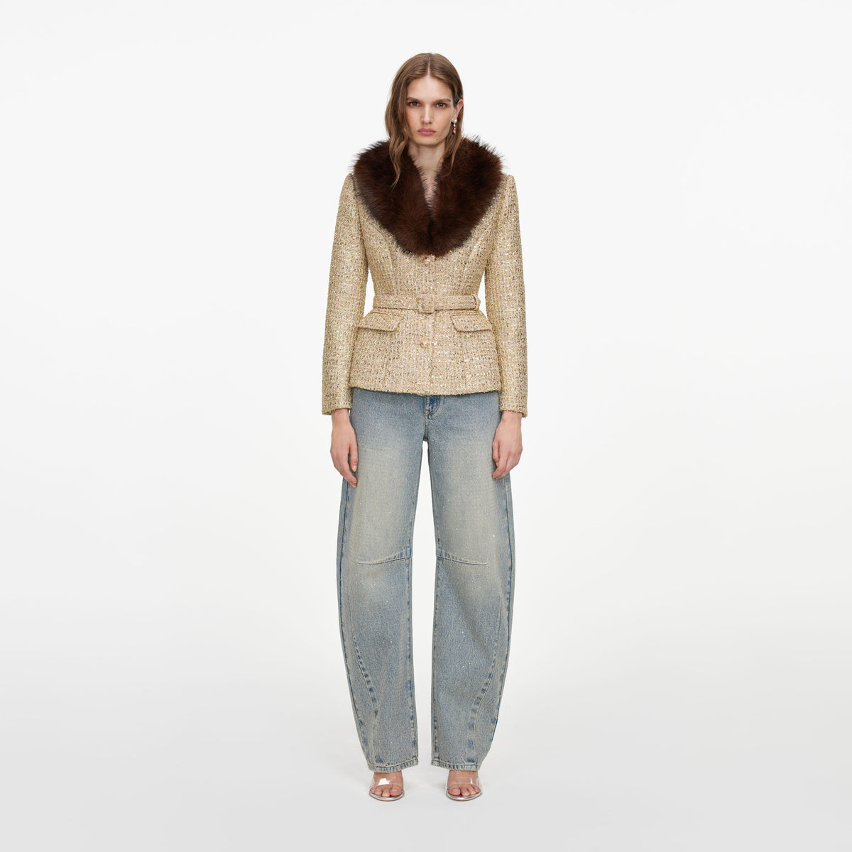 Gold Sequin Boucle Fur Collar Jacket