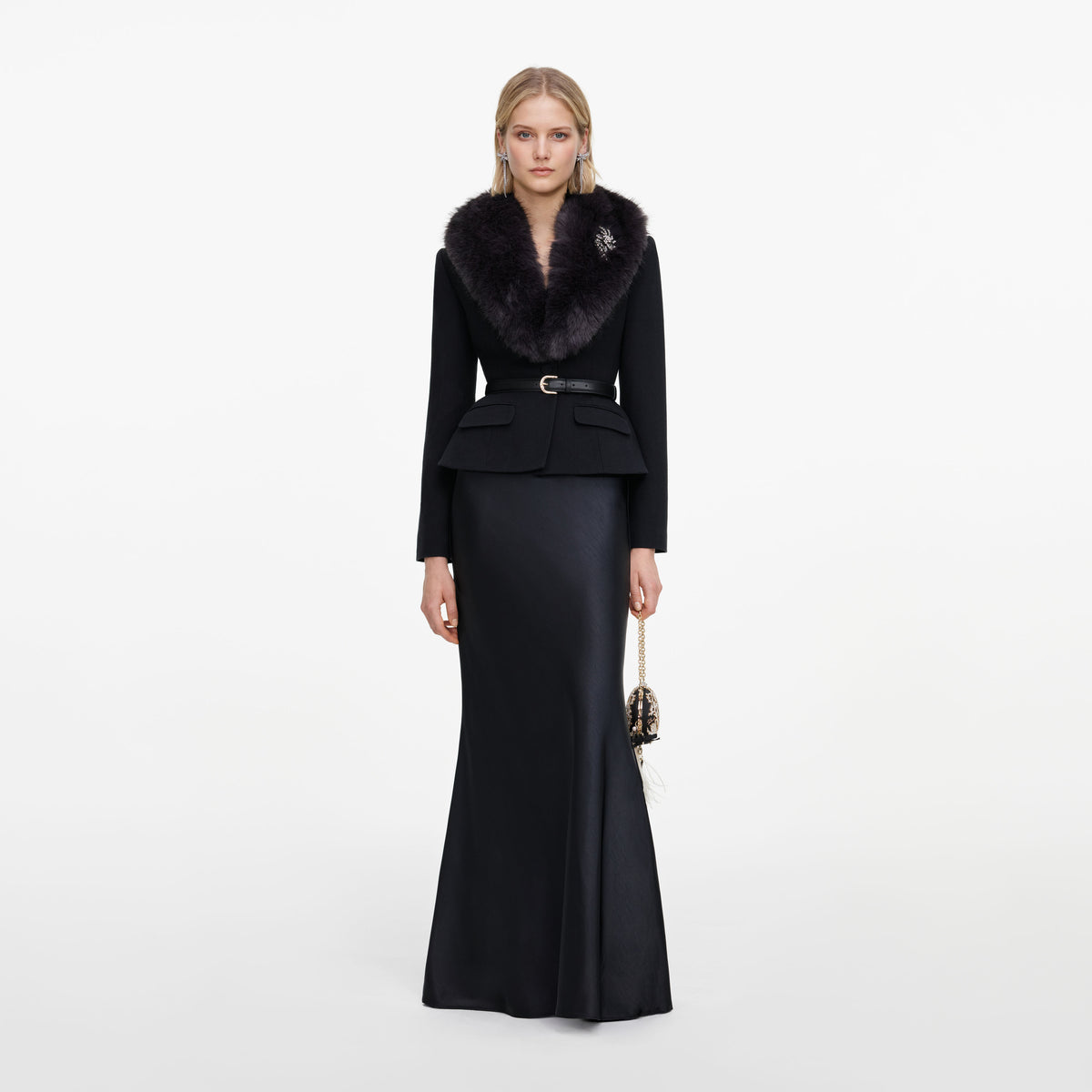 Black Tailored Fur Collar Maxi Dress
