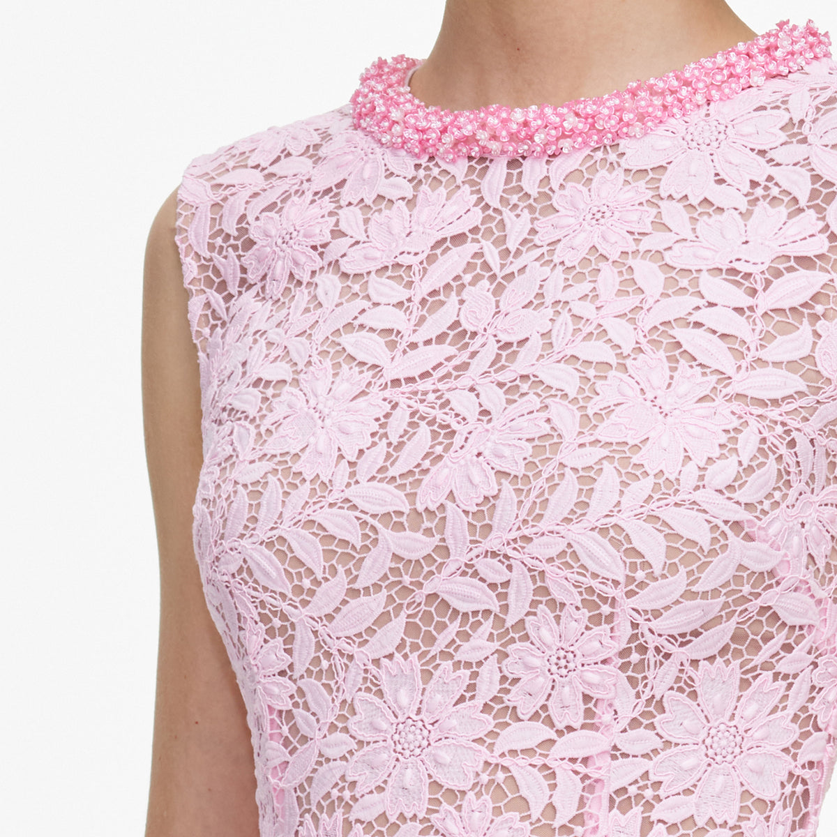 Pink Lace Beaded Trim Midi Dress
