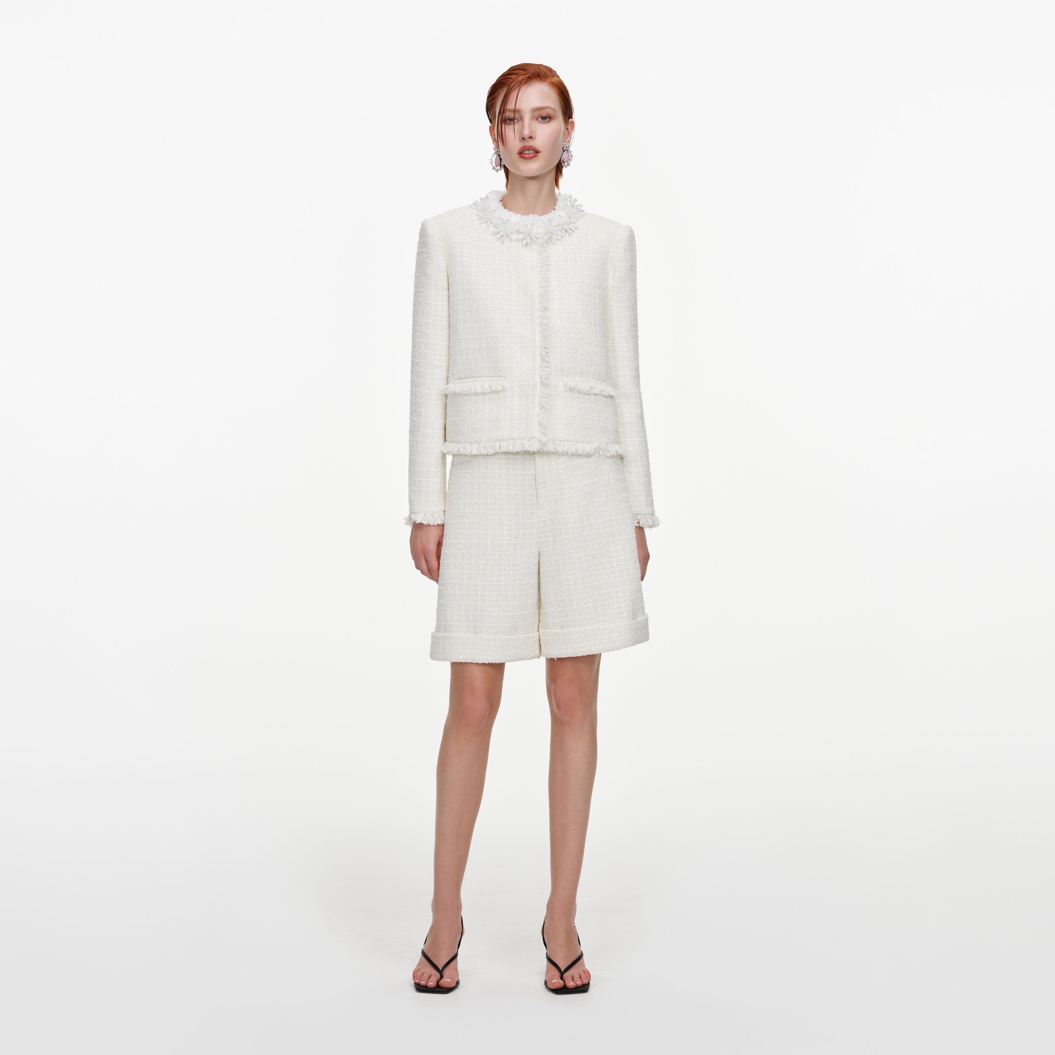 Cream Sequin Boucle Pearl Trim Jacket