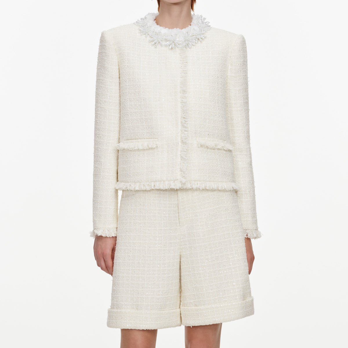 Cream Sequin Boucle Pearl Trim Jacket