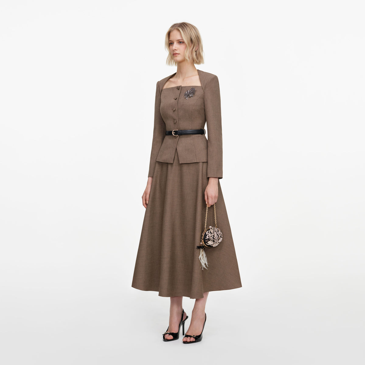 Brown Tailored Twill Midi Dress