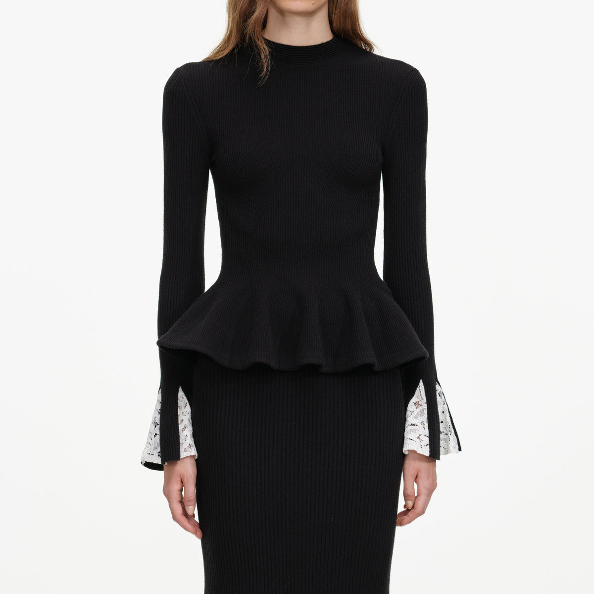 Black Lace Insert Knit Midi Dress