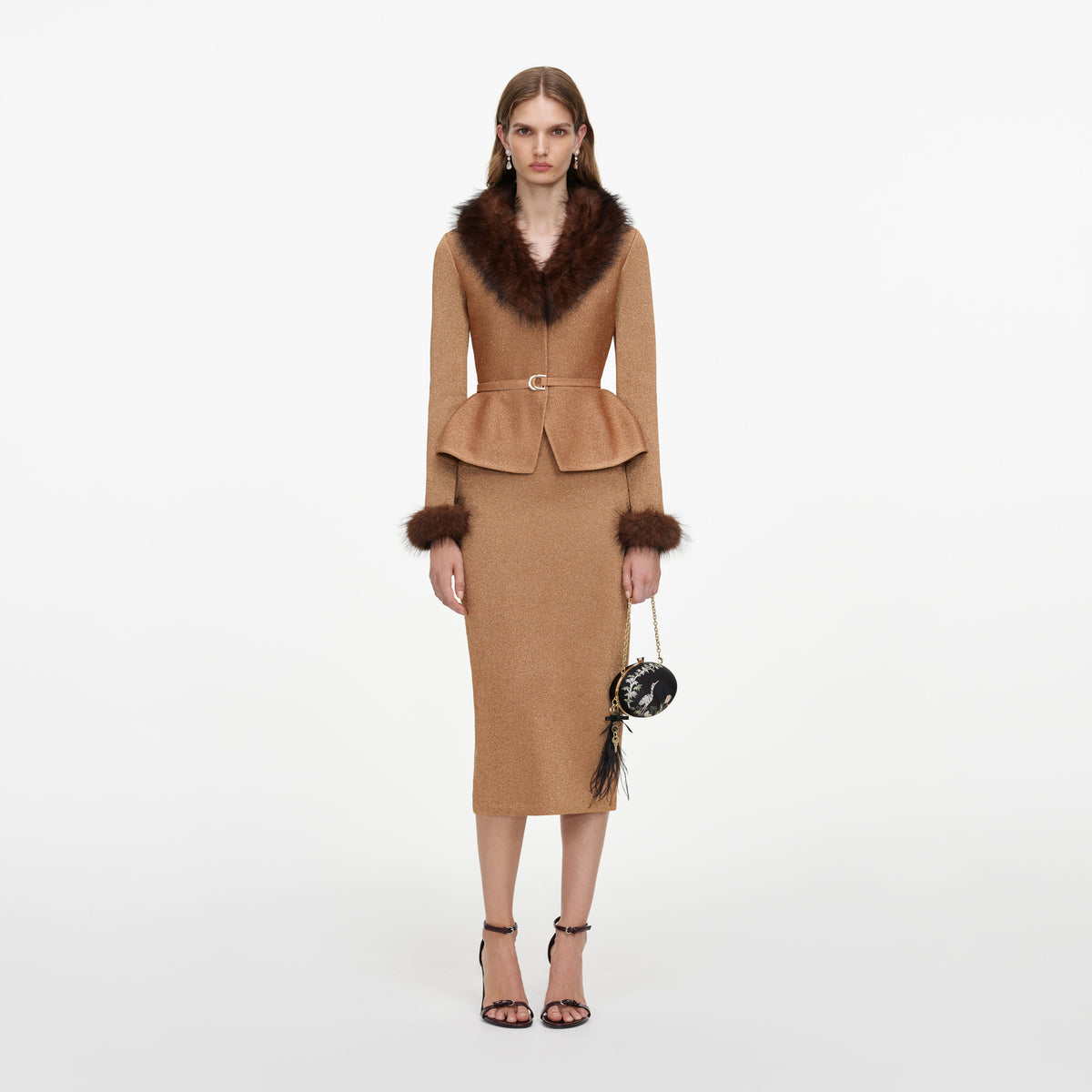 Front view of a woman wearing the Gold Fur Collar Knit Midi Dress