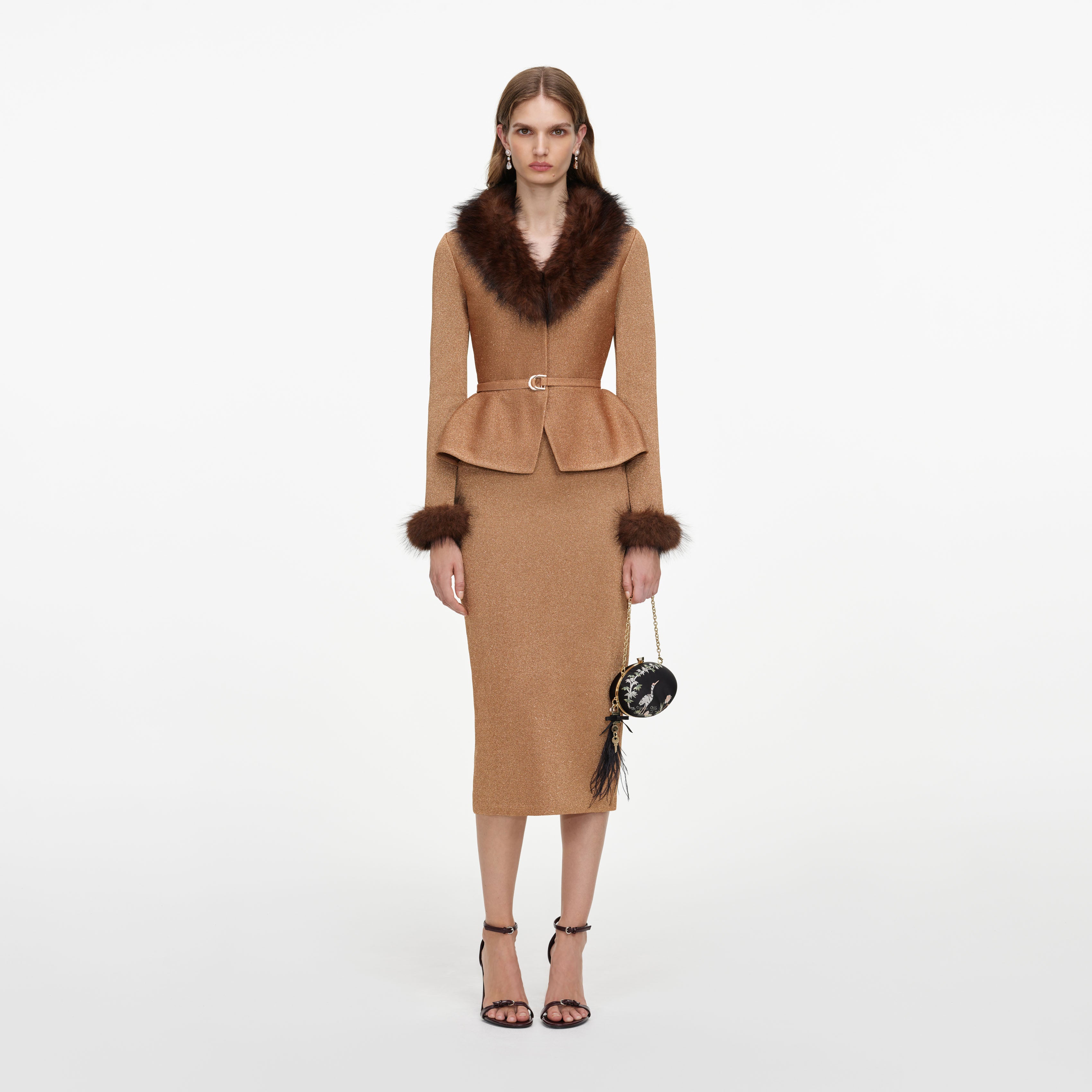 Gold Fur Collar Knit Midi Dress