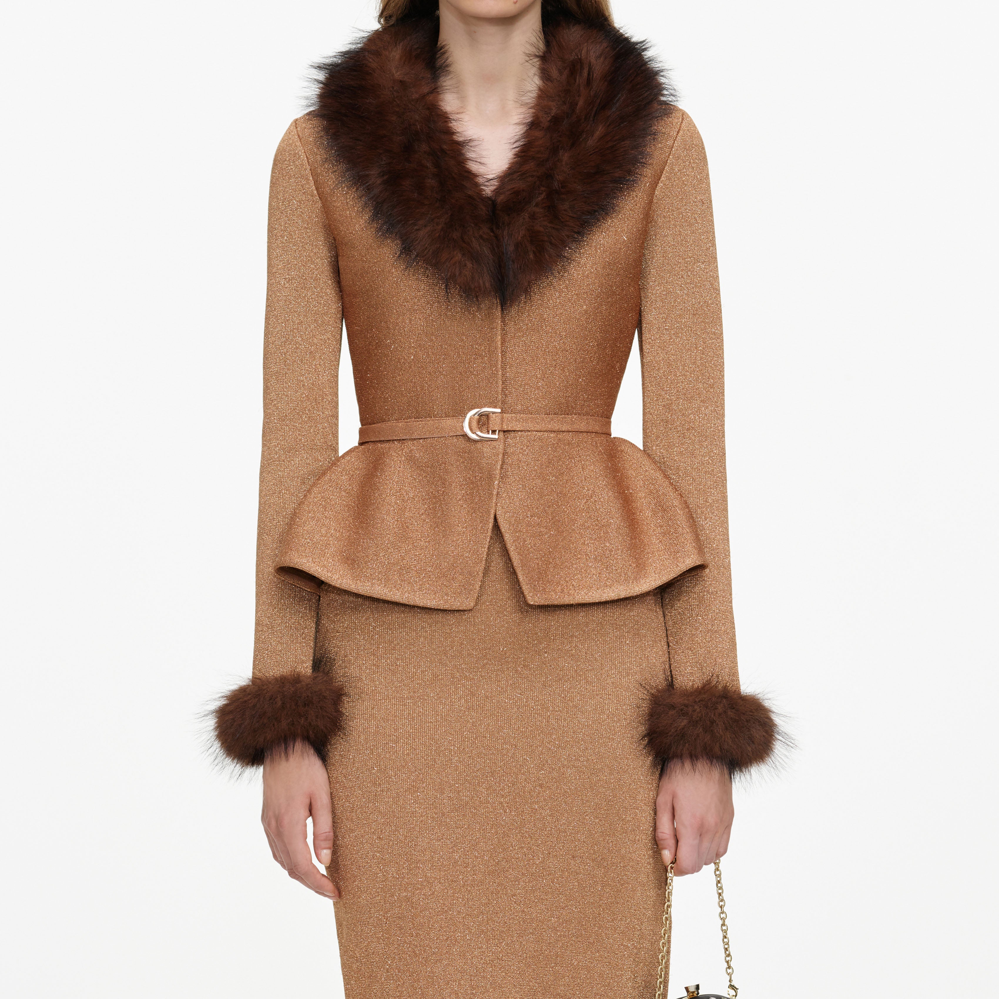 Gold Fur Collar Knit Midi Dress