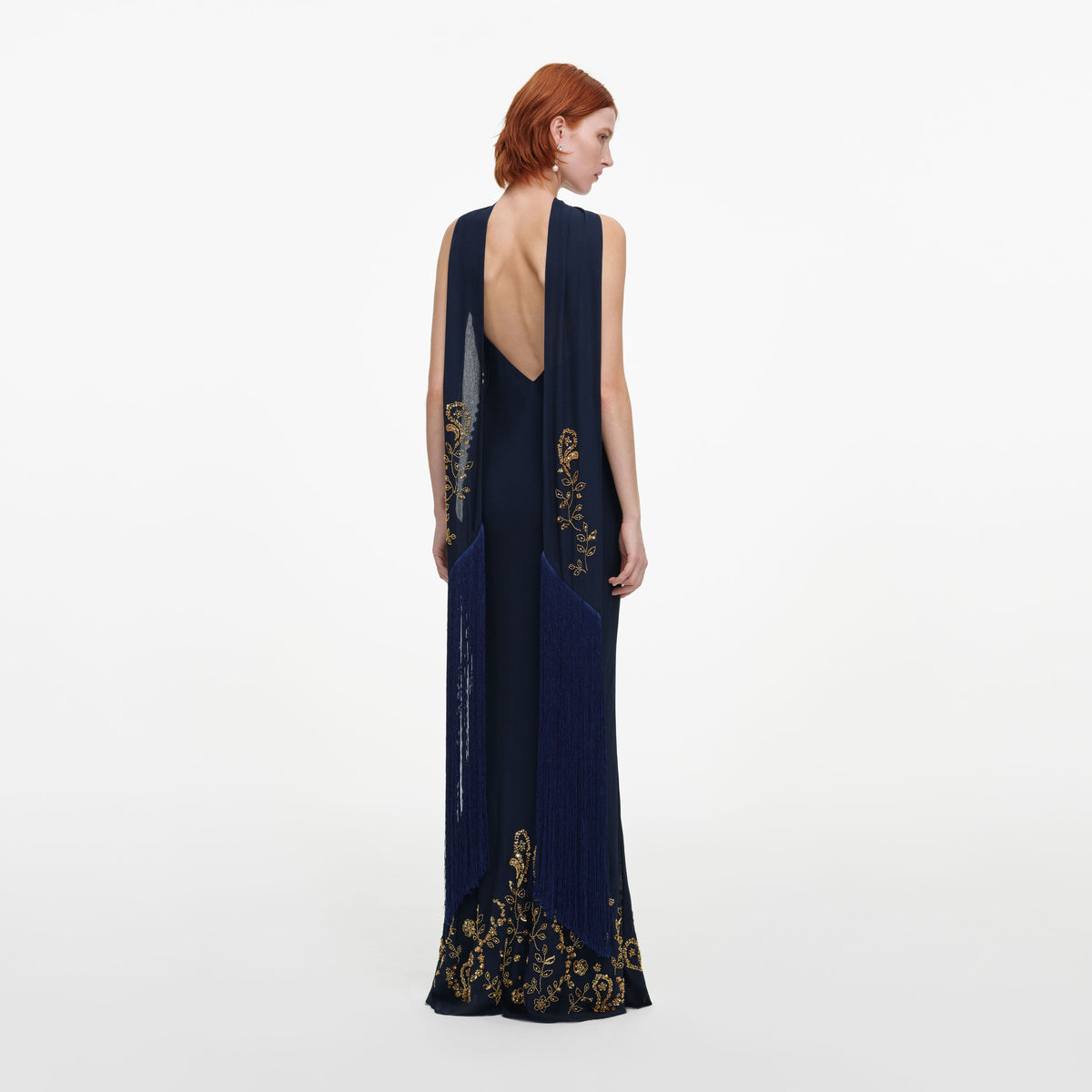Navy Embellished Georgette Scarf Maxi Dress