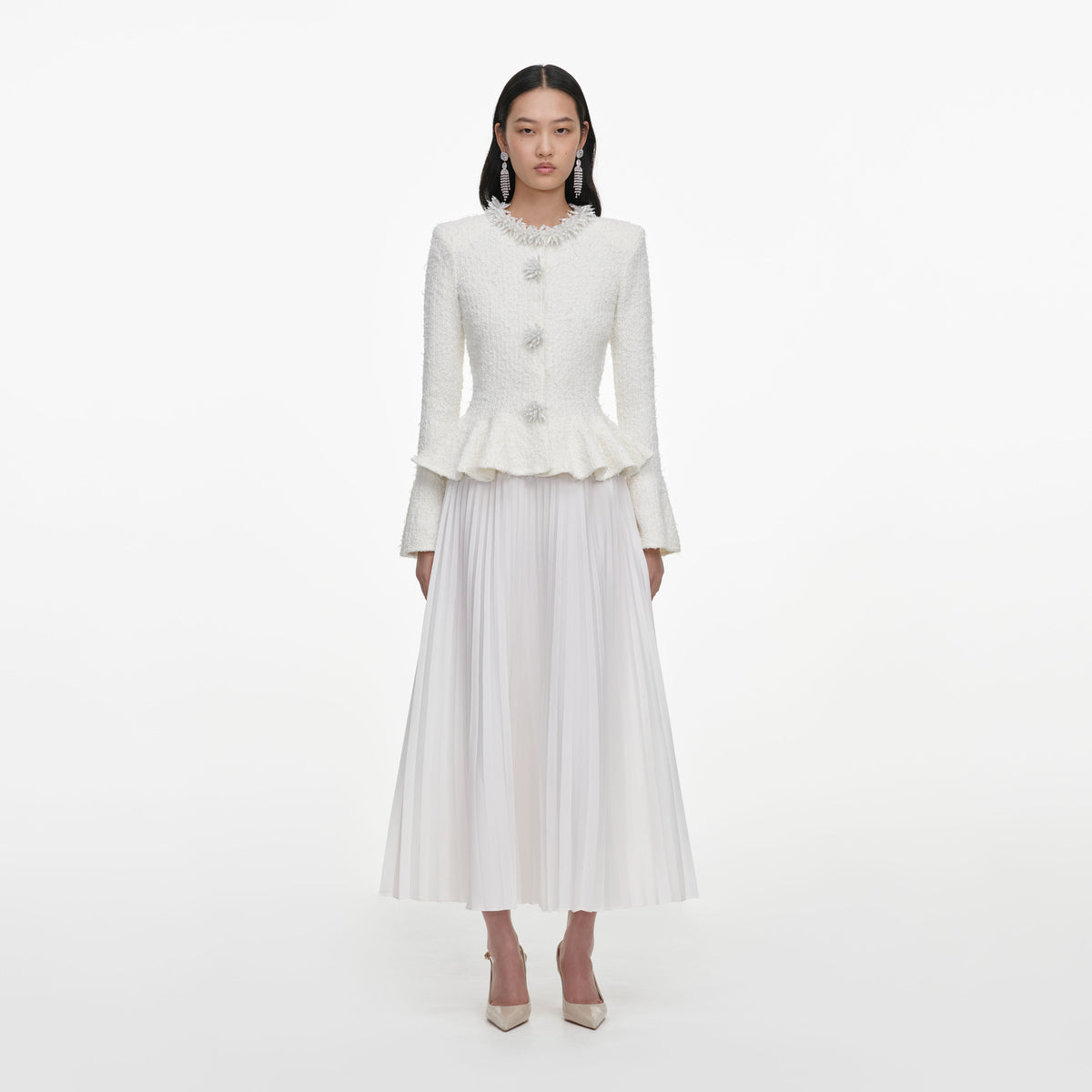 White Textured Knit Chiffon Midi Dress
