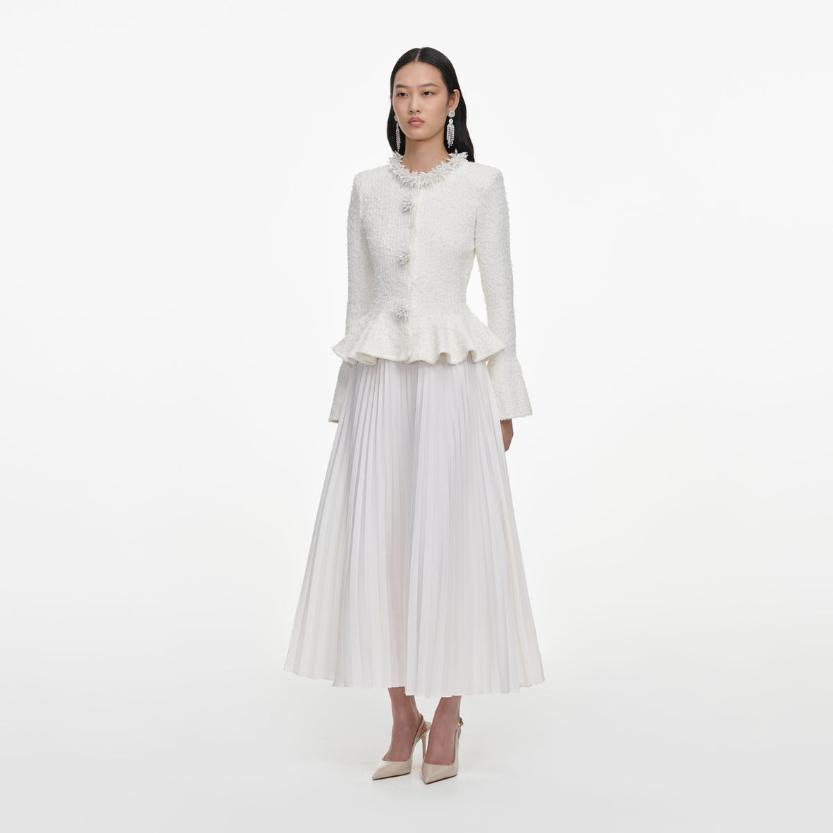 White Textured Knit Chiffon Midi Dress