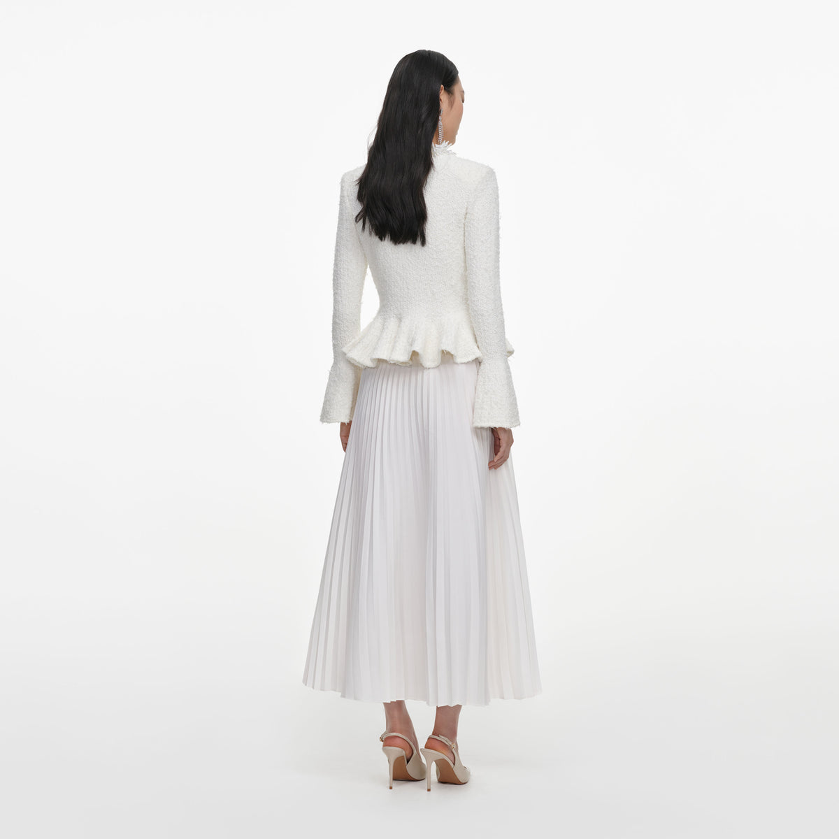 White Textured Knit Chiffon Midi Dress