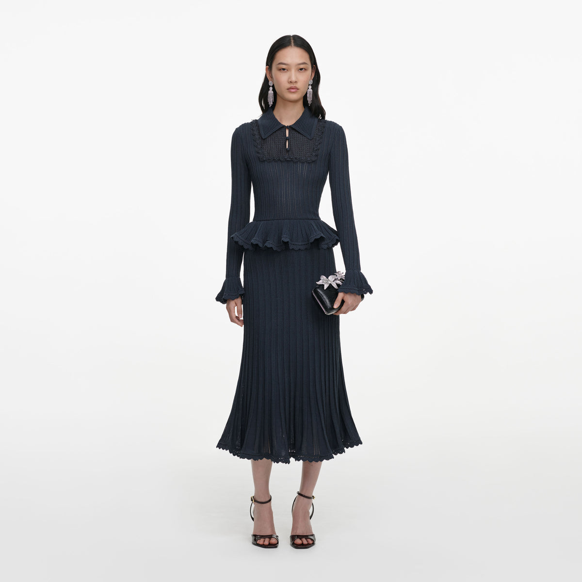 Grey Peplum Pointelle Knit Midi Dress
