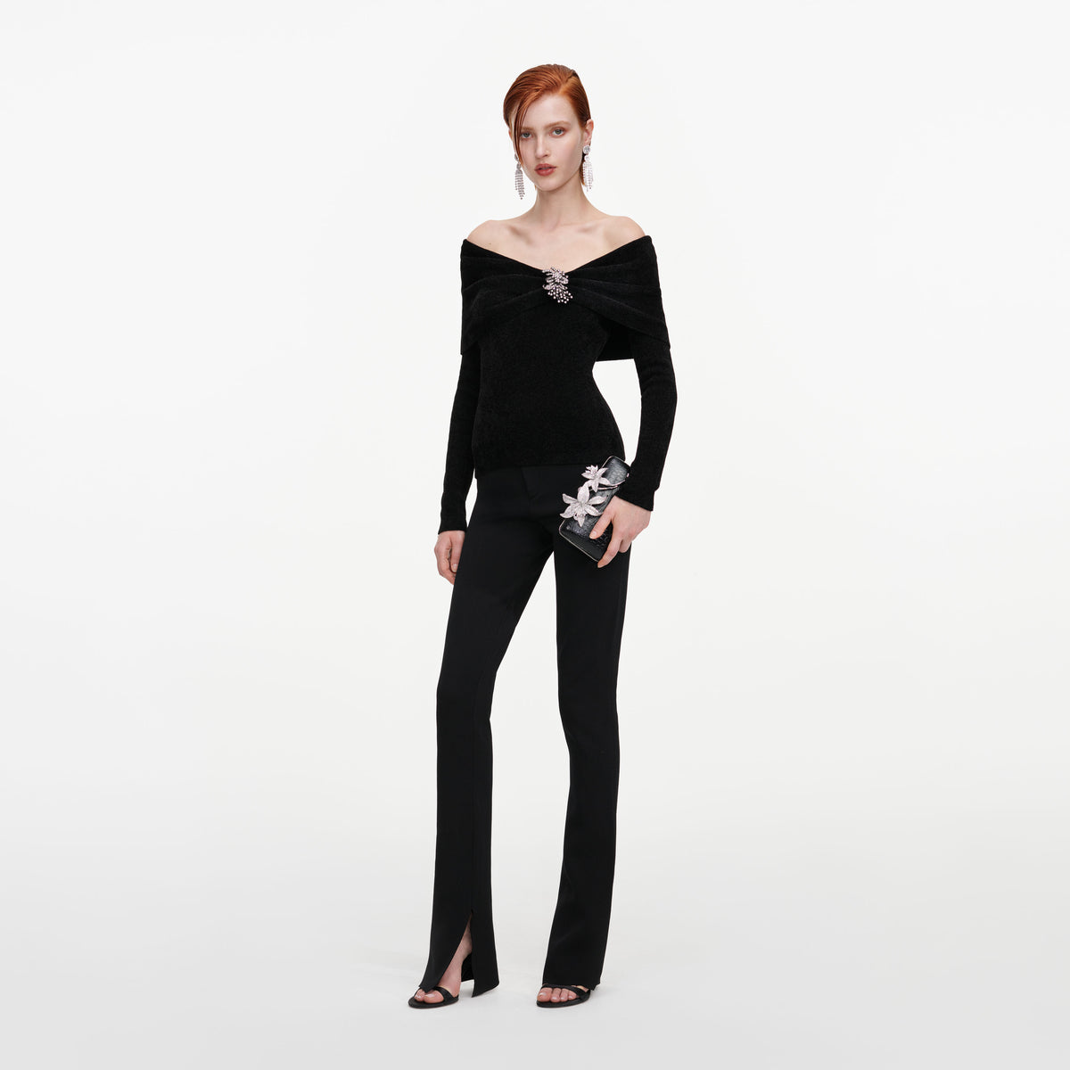 Black Brooch Chenille Knit Top
