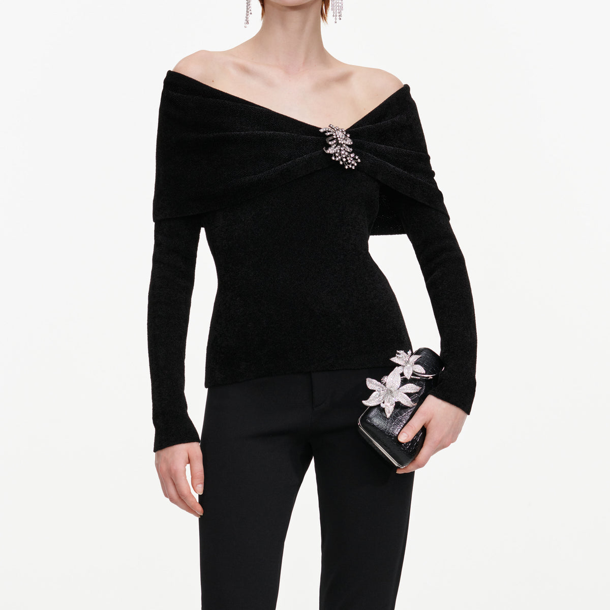 Black Brooch Chenille Knit Top