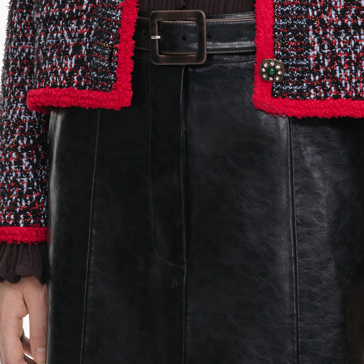 Black Belted Faux Leather Midi Skirt