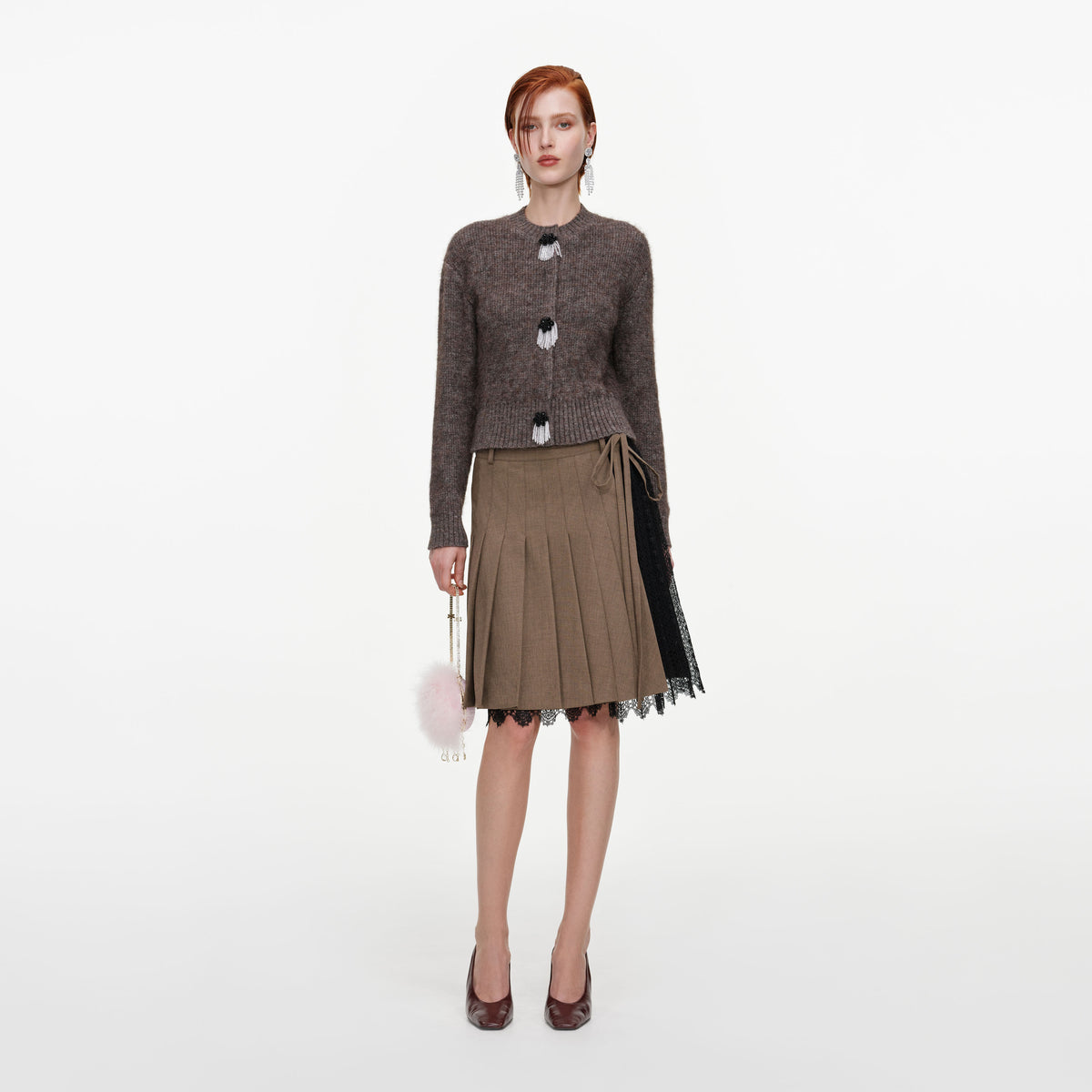 Brown Twill Lace Pleated Midi Skirt