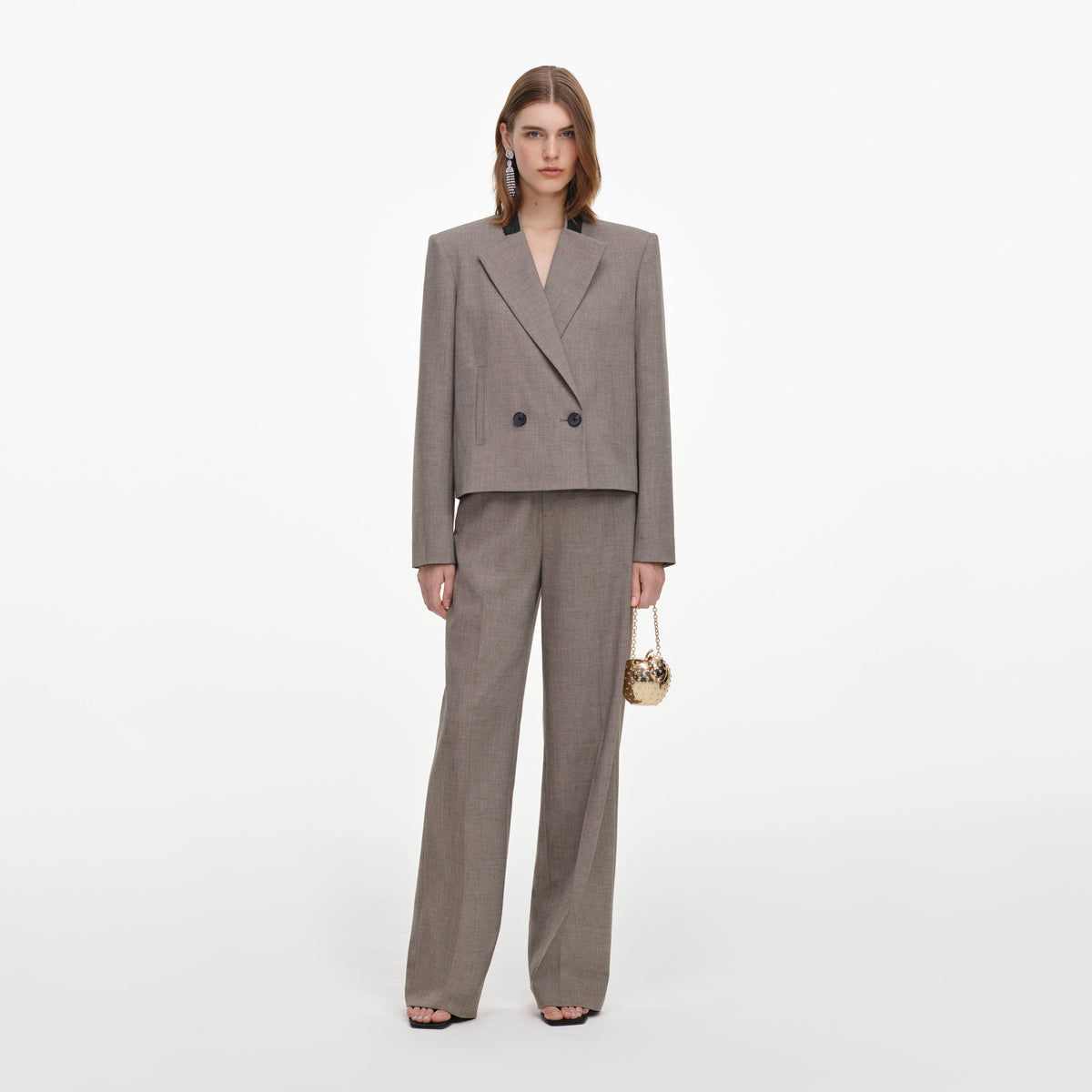 Front view of a woman wearing the Brown Twill Double Breasted Jacket