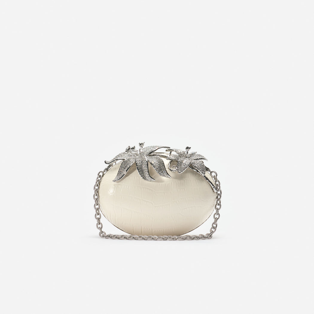 Cream Leather Crystal Flower Oval Clutch Bag