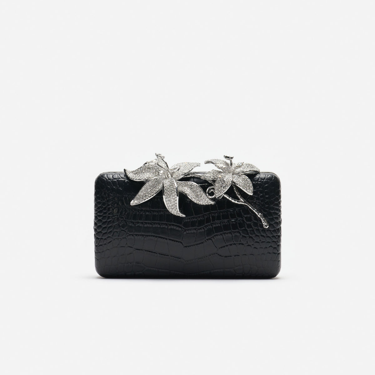 Black Croc Leather Crystal Flower Clutch Bag