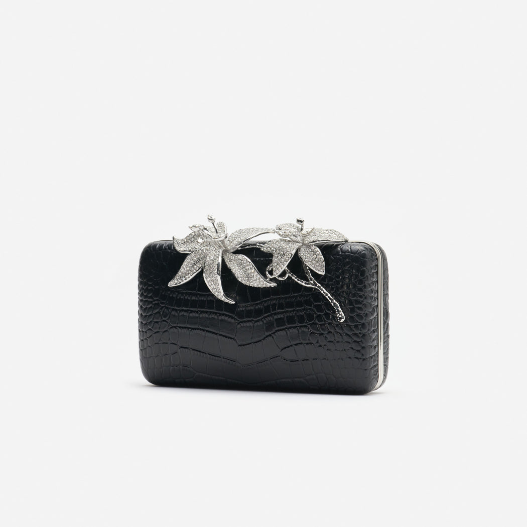 Black Croc Leather Crystal Flower Clutch Bag