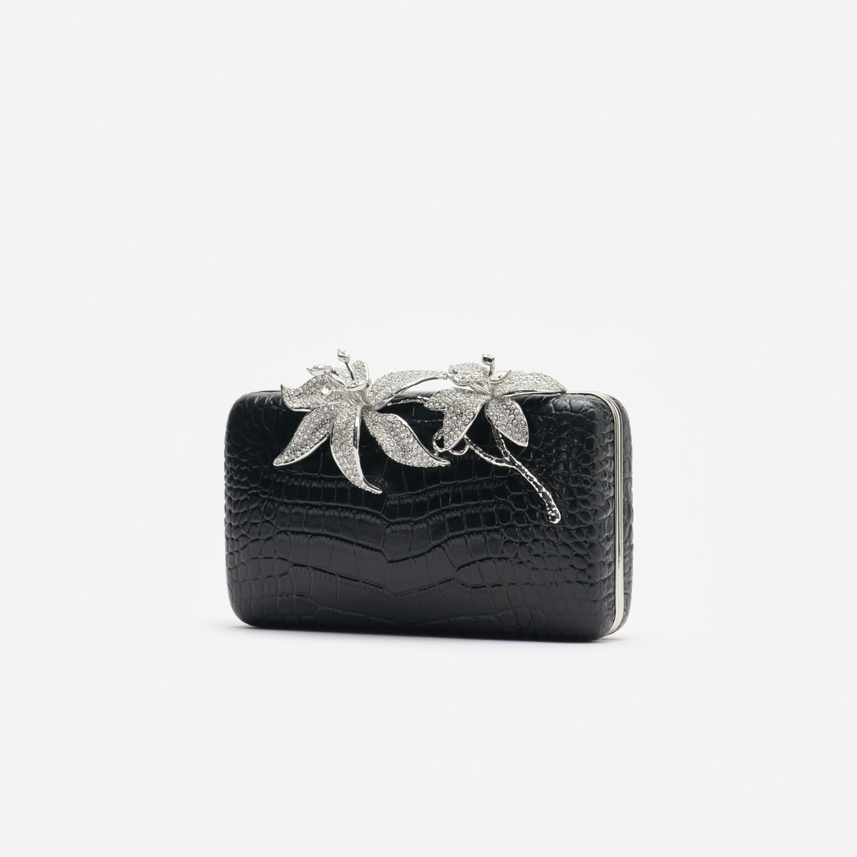 Black Croc Leather Crystal Flower Clutch Bag