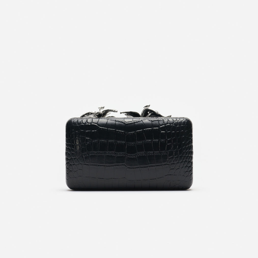 Black Croc Leather Crystal Flower Clutch Bag