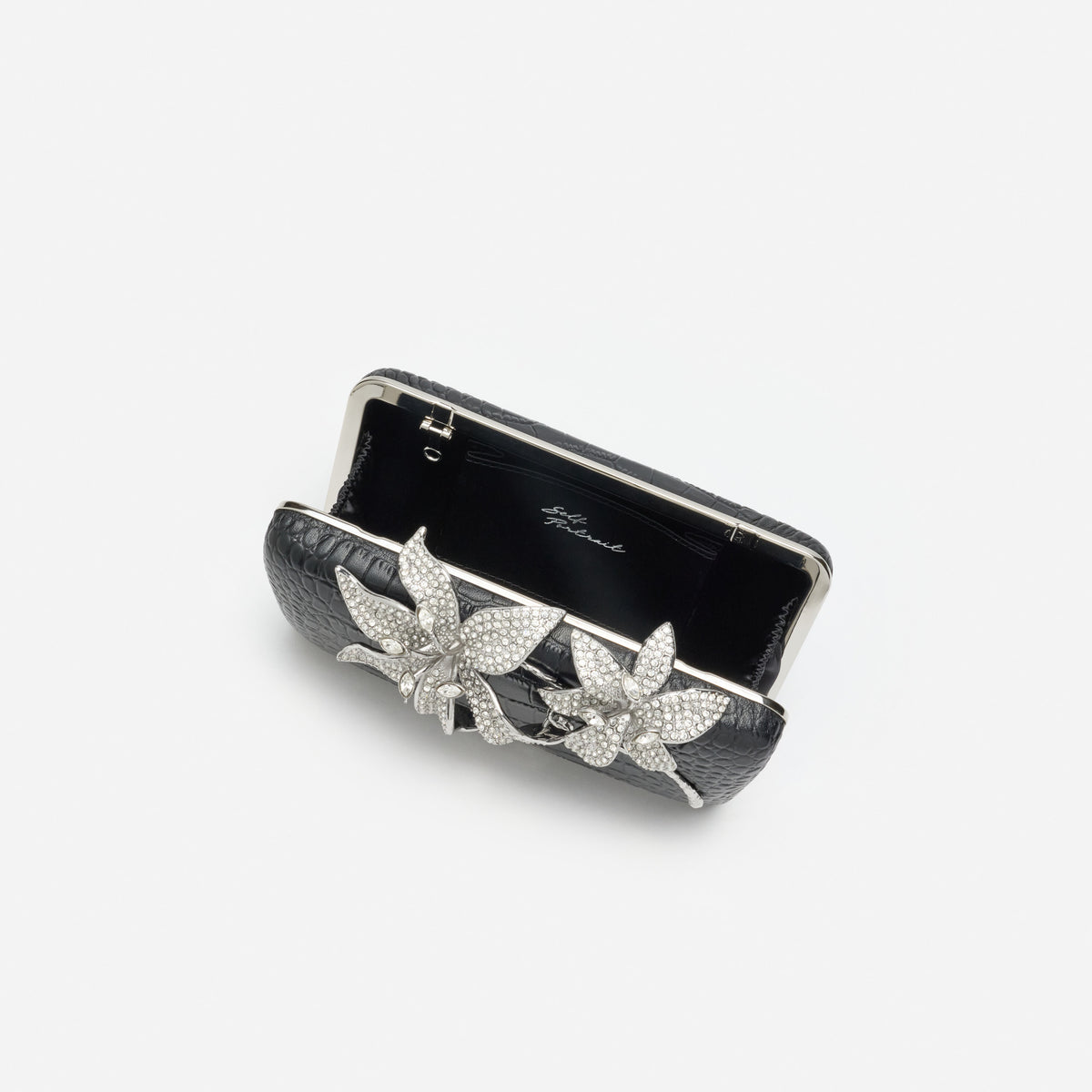 Black Croc Leather Crystal Flower Clutch Bag