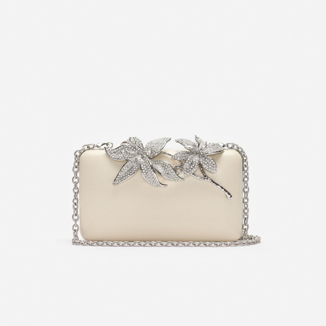 Cream Leather Crystal Flower Clutch Bag