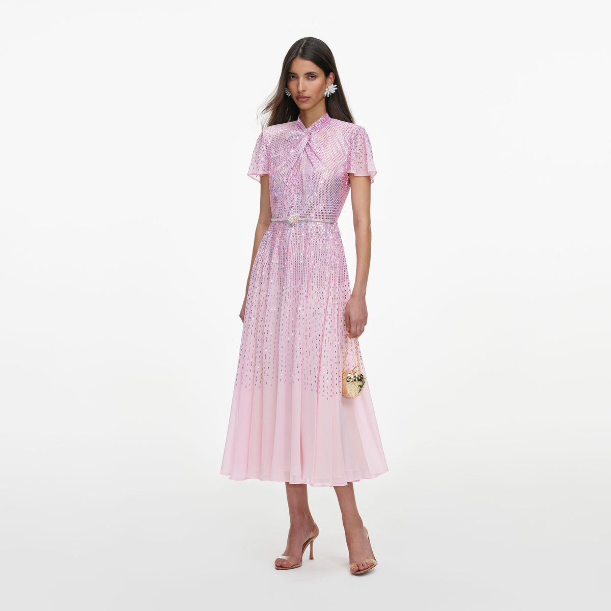 Pink Ombre Rhinestone Twist Midi Dress