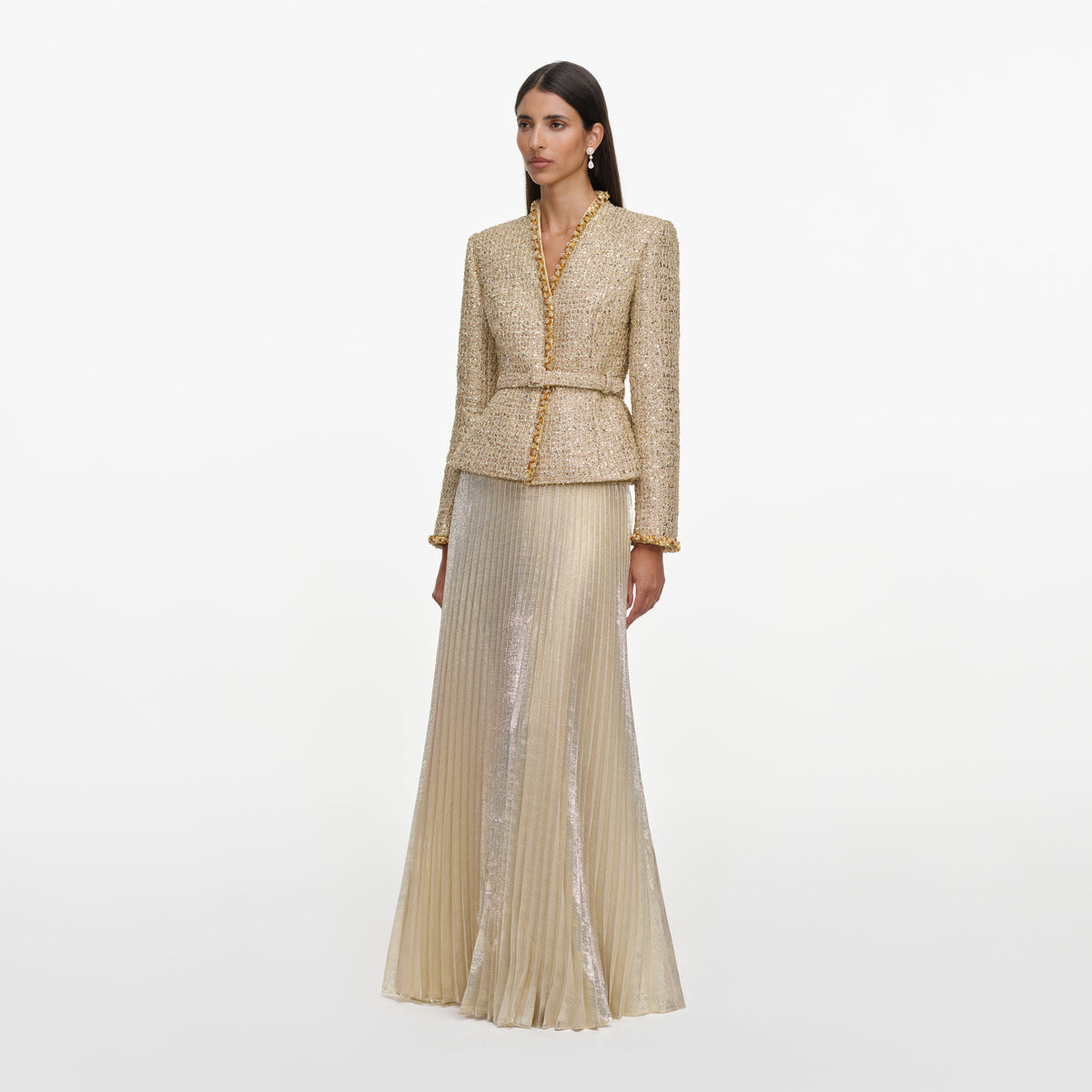Gold Boucle Pleated Maxi Dress